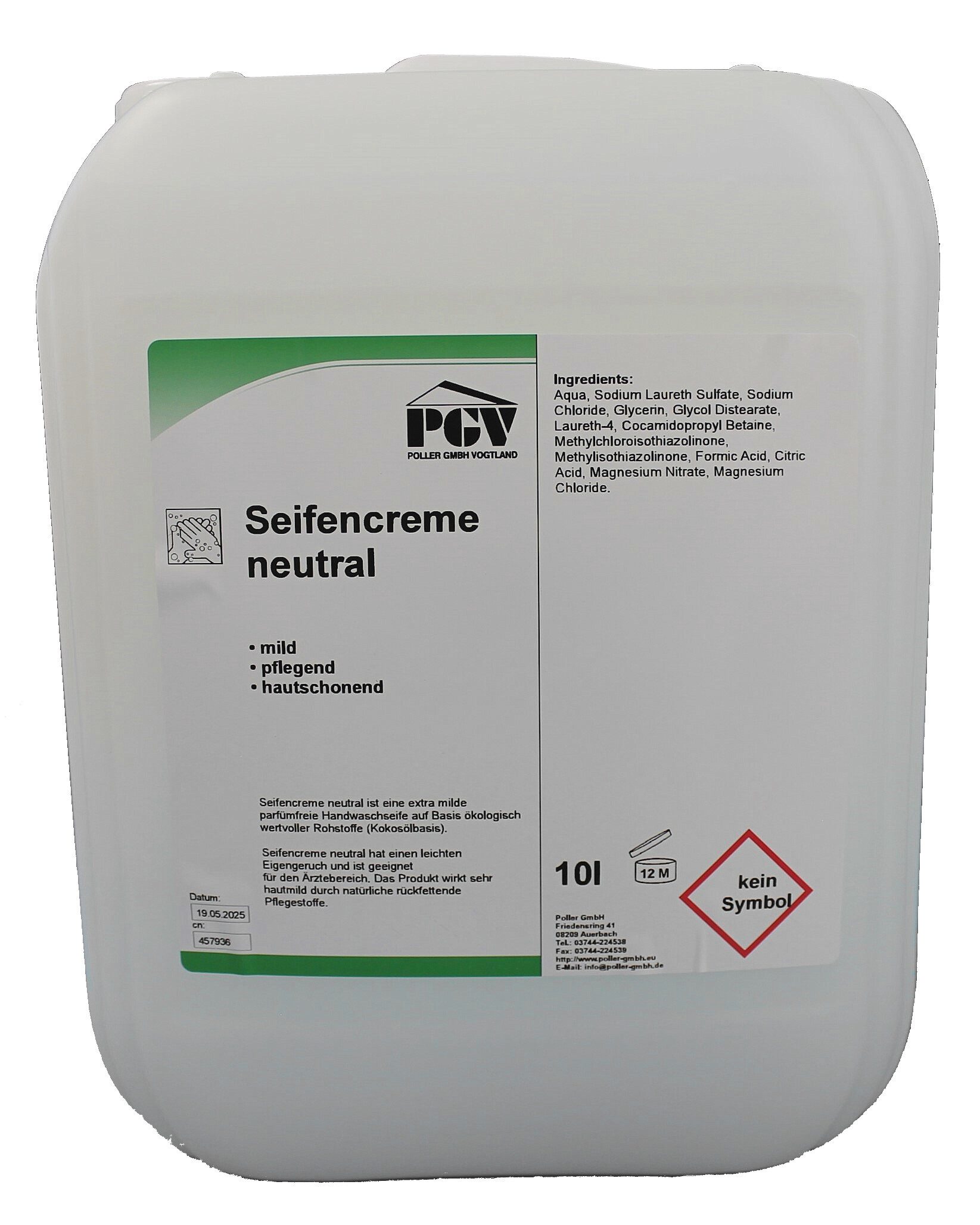 Poller GmbH Vogtland Flüssigseife Seifencreme NEUTRAL, ohne Farb- und Duftstoffe, 10 Liter, 1-tlg.