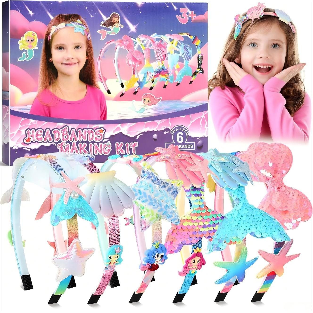 POPOLIC Haarband Haarreifen Mädchen, Meerjungfrau Geschenk mädchen 5 Jahre, 1-tlg., Haarreifen Selber Machen Basteln Mädchen, Geburtstagsgeschenk, Haarschmuck bastelset mädchen Kinder ab 5 6 7 8 9 10 11 12 Jahre