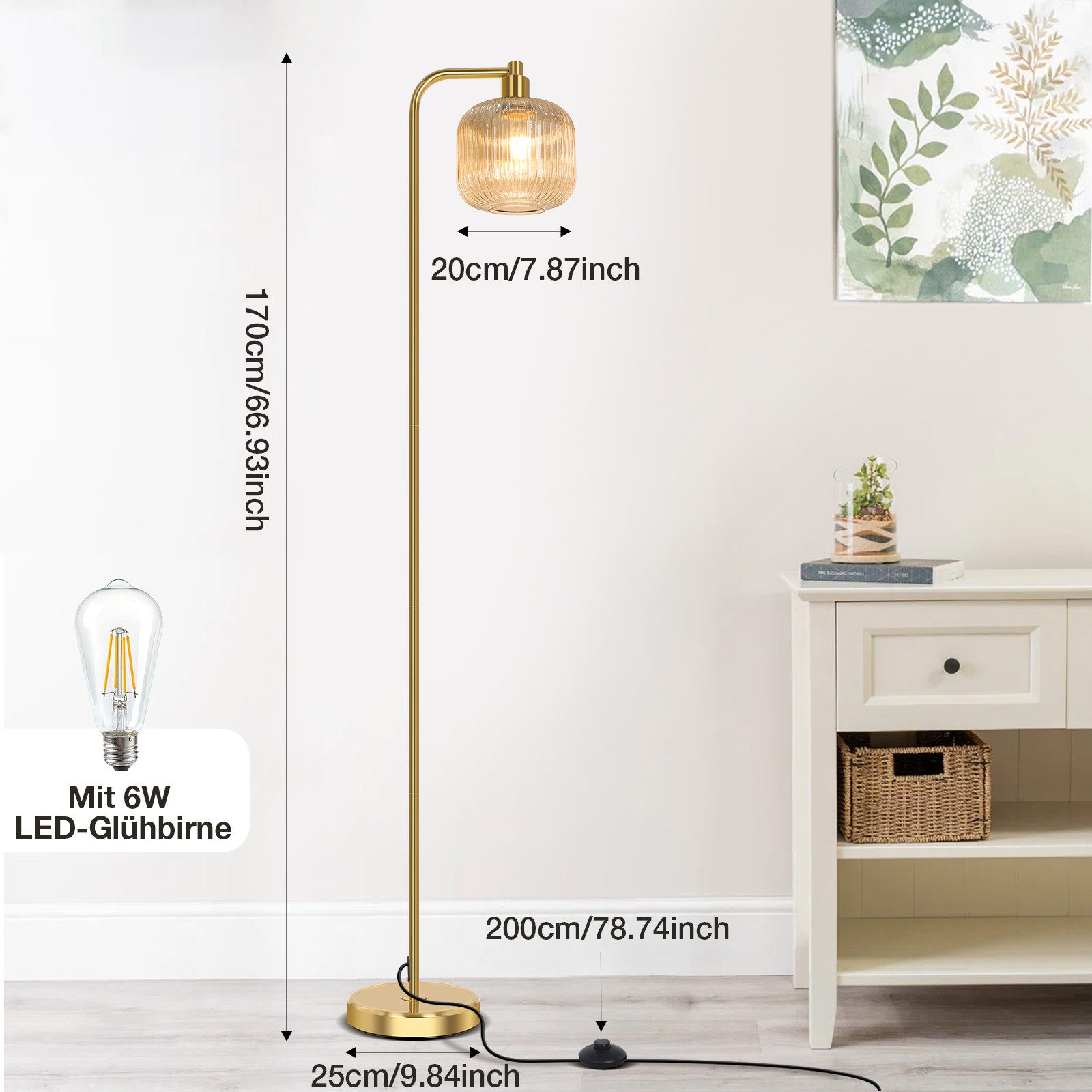 Rosnek LED Stehlampe Vintage Stehleuchte Wohnzimmer Retro Leselampe für Schlafzimmer Büro, Hellbraun, LED wechselbar, Warmes Weiß, 170CM, mit 1 E27 Glühbirne, Glas Lampenschirm & Fußschalter für Studio