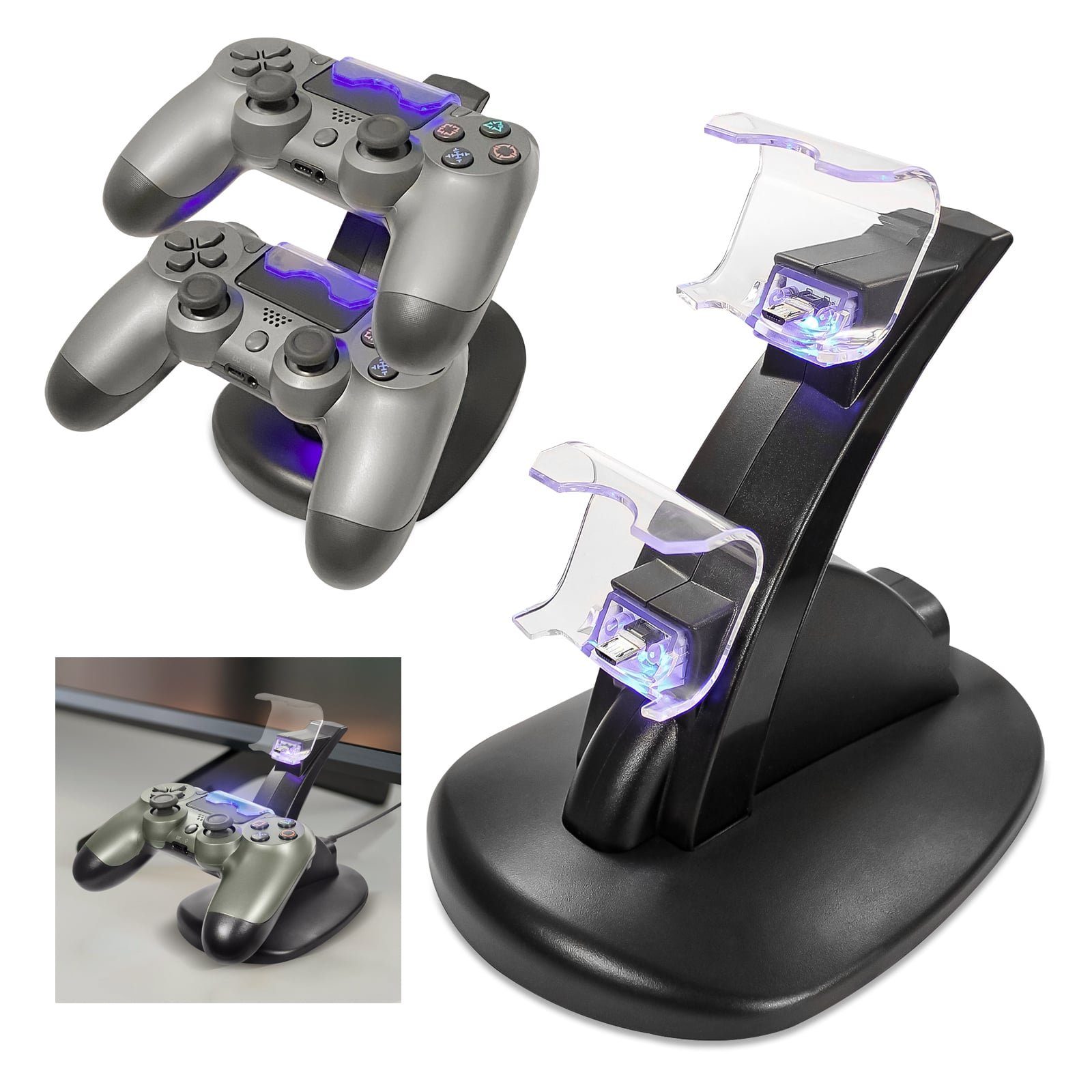 EAXUS Aufladestation Halterung mit LED-Beleuchtung für PlayStation 4  Controller-Ladestation (480,00 mA, 1-tlg., modernes Design, Stromversorgung  per USB direkt über Konsole)