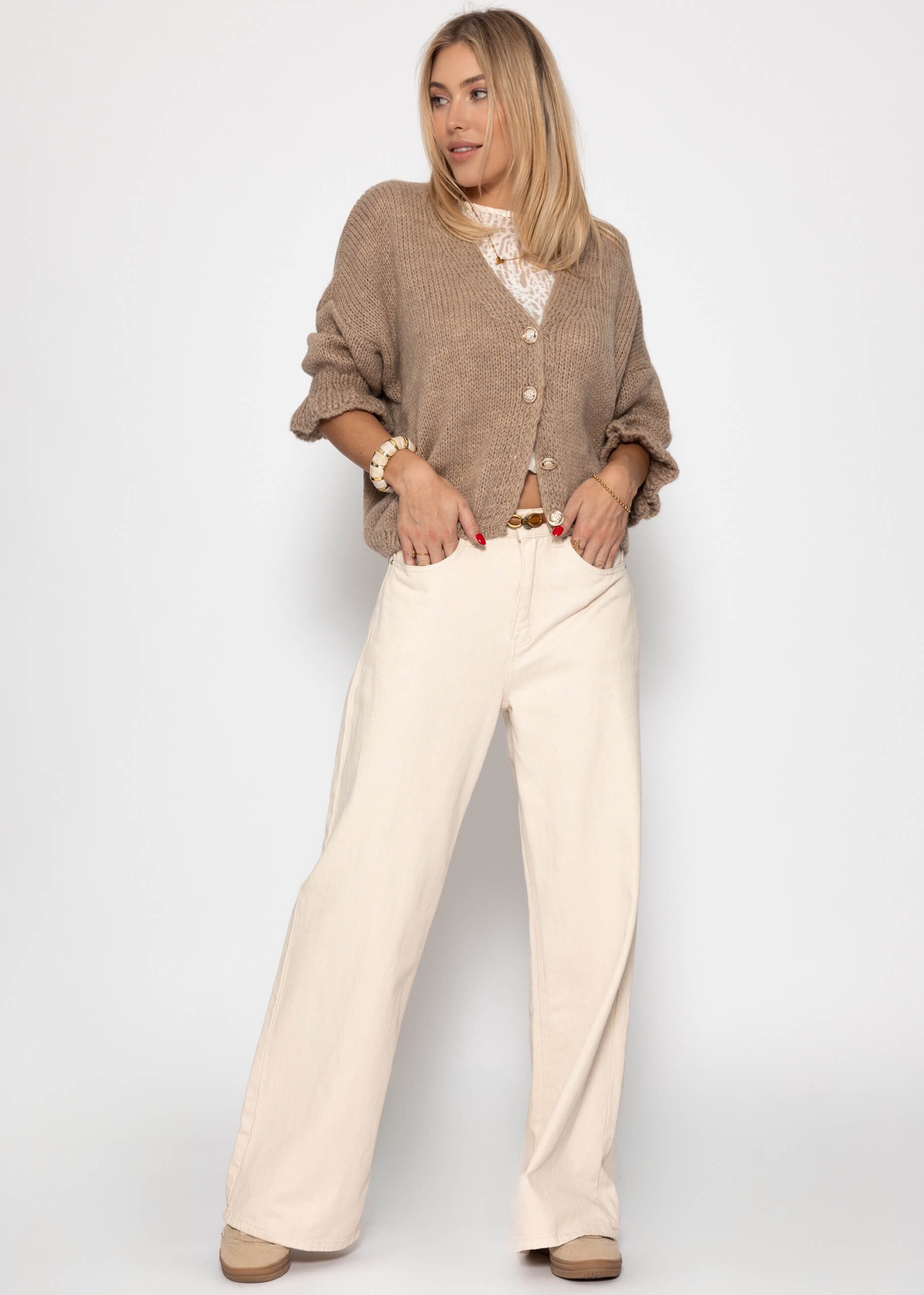 SASSYCLASSY Cardigan Cardigan mit 3/4-Ärmeln für Damen Cozy Cardigan mit Ballonärmeln und Knopfleiste und Volants