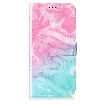 CLM-Tech Handytasche Hülle für Samsung Galaxy A14 5G Tasche aus Kunstleder Klapphülle (Marmor rosa türkis, Handyhülle Wallet Flip Case Cover Etui), Standfunktion, Kartenfächer, Magnetverschluss