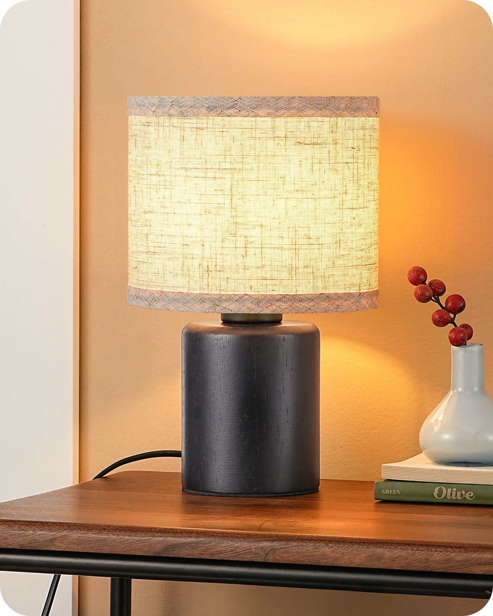 EDISHINE Nachttischlampe mit Massivholzsockel & Leinen-Lampenschirm, LED wechselbar, Warmweiß, Höhe 30 cm, inkl. 4W LED-Leuchtmittel
