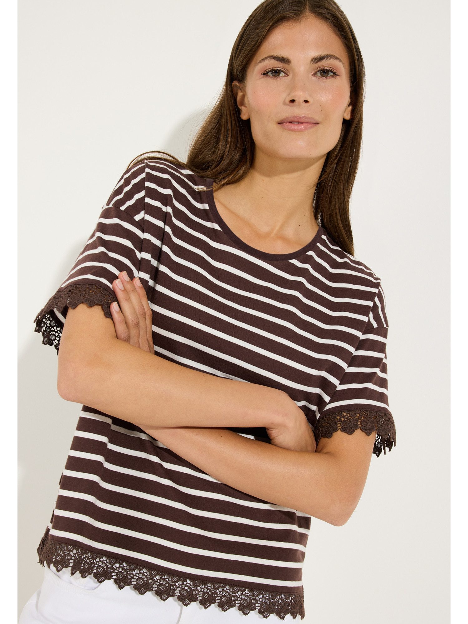 MORE&MORE T-Shirt lockeres Streifenshirt mit Spitzenkante