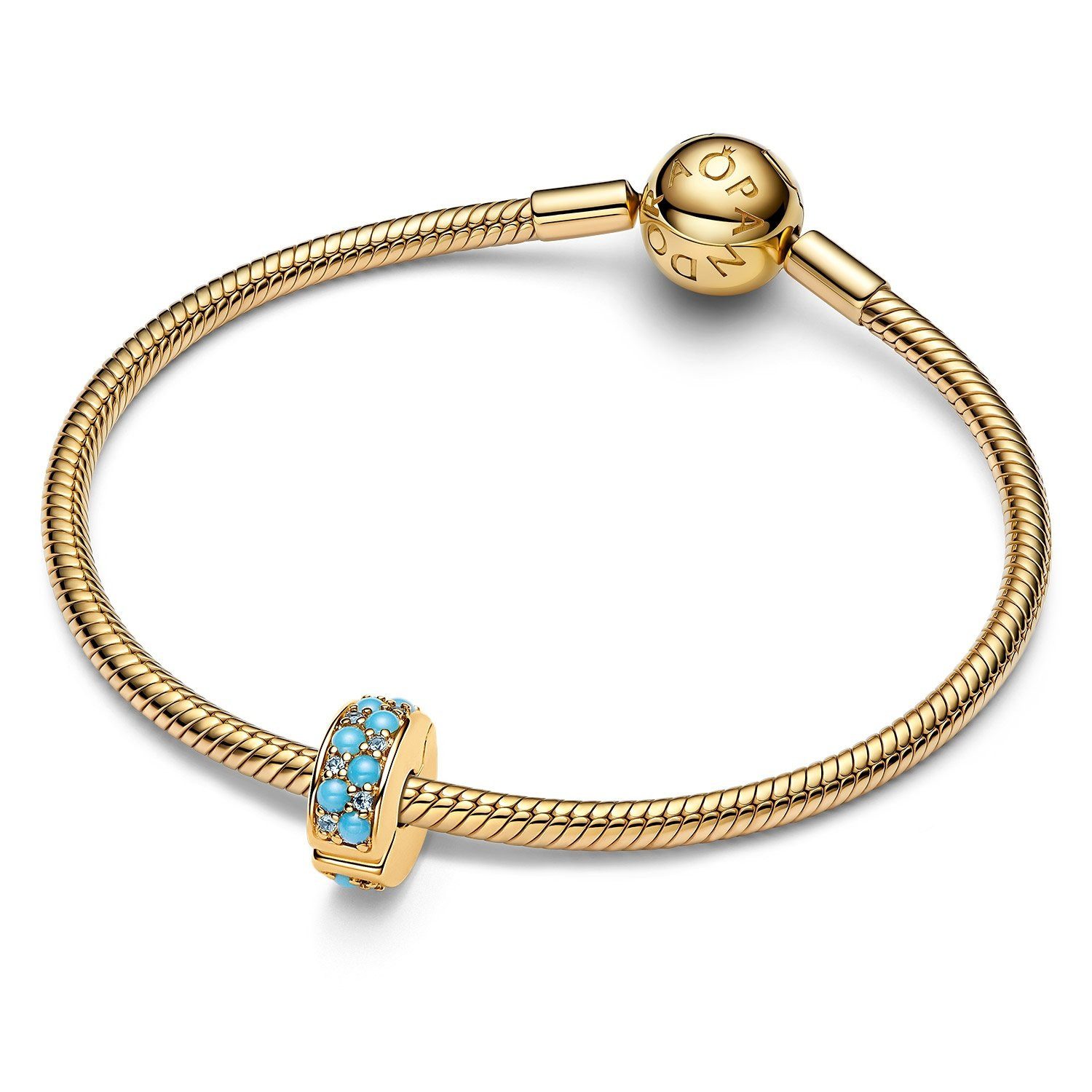 Pandora Kettenanhänger Clip-Charm Aquamarinblau Goldfarben