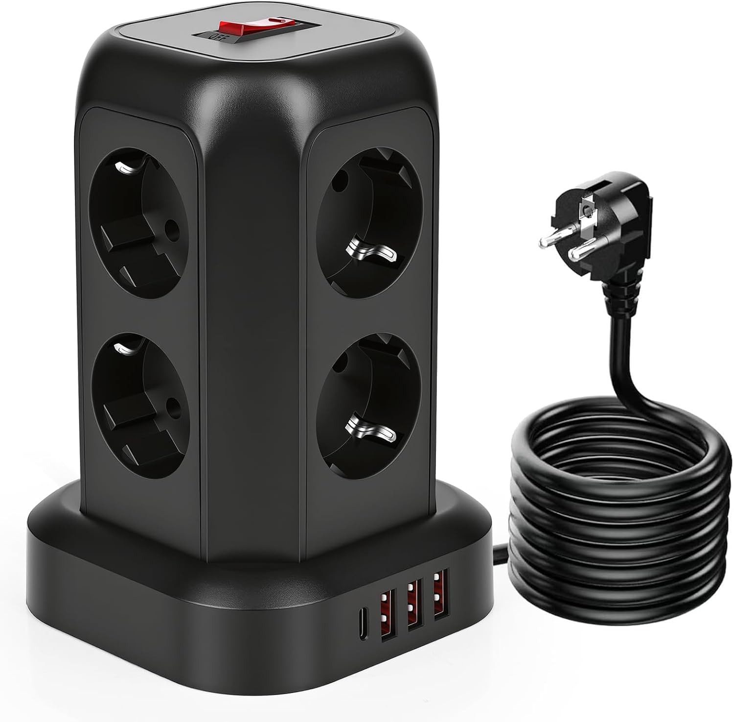 Romatico Steckdosenturm USB-C & USB-A 8 Steckdosen Schalter Überspannungsschutz Mehrfachsteckdose 8-fach (Mehrfachsteckdose, USB-C, USB-A, 8 Steckdosen, Schalter, Steckdosenturm, Überspannungsschutz, Kabellänge 1.8 m), USB-C Schnellladung, USB-A Anschlüss