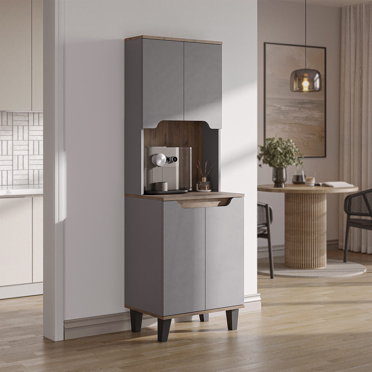 Roomart Küchenbuffet DEFNE mit Nische Kaffeebar Mikrowellenschrank Vorratsschrank, 5 Farben Offene Nische für Kaffeemaschine, 4 Türfächer
