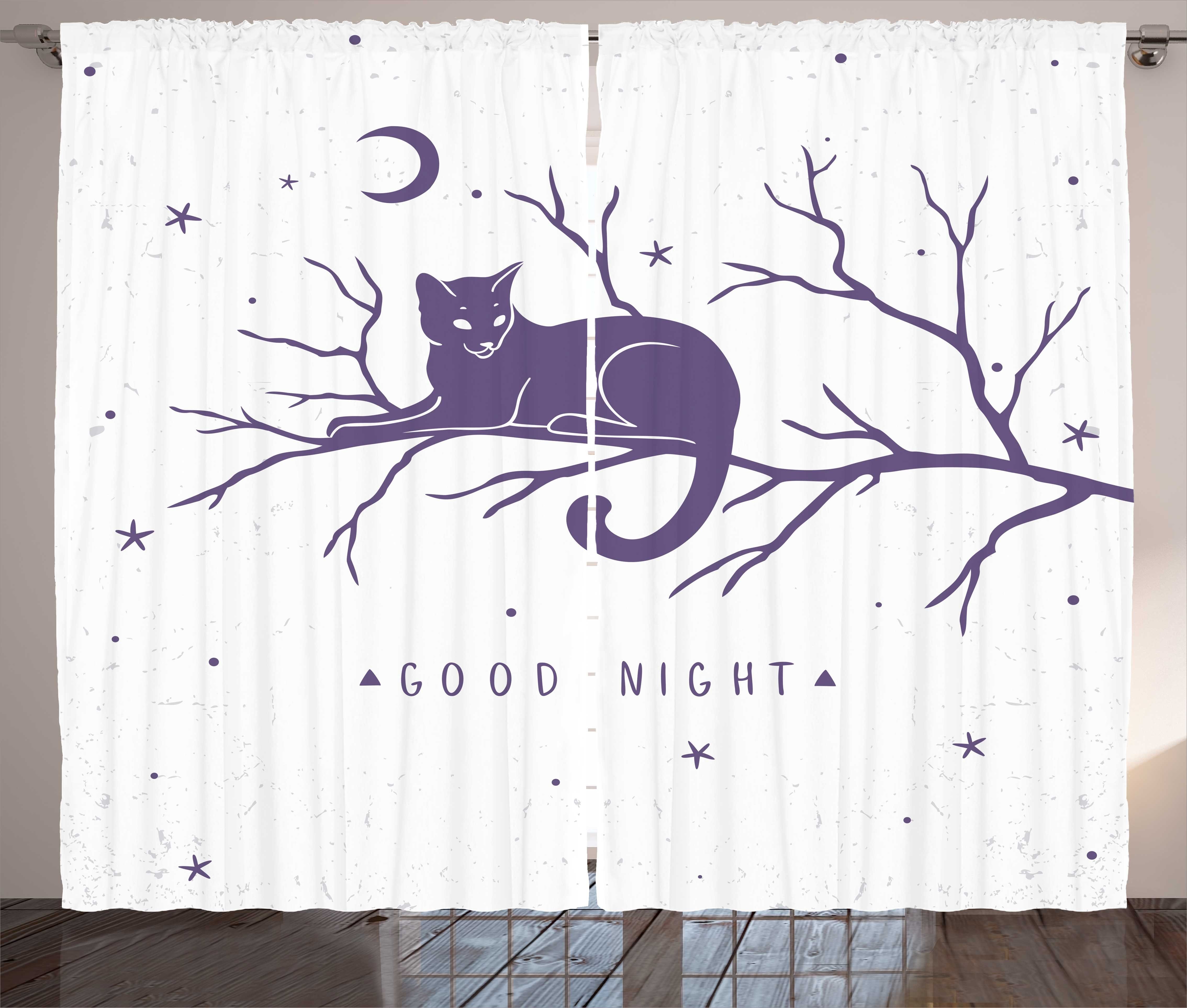 Nacht Gardine sitzt Gute Katze Haken, Abakuhaus, Vorhang einem Baum Kräuselband Schlaufen und mit auf Schlafzimmer