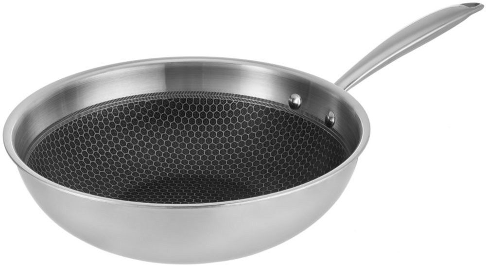 RESTO Kitchenware Wok Achird tiefe Pfanne aus Tri-Ply (Edelstahl + Aluminium + Edelstahl), Edelstahl 18/10 (1-tlg), Energieeinsparung 25% durch die dreilagige Basis, ofenfest