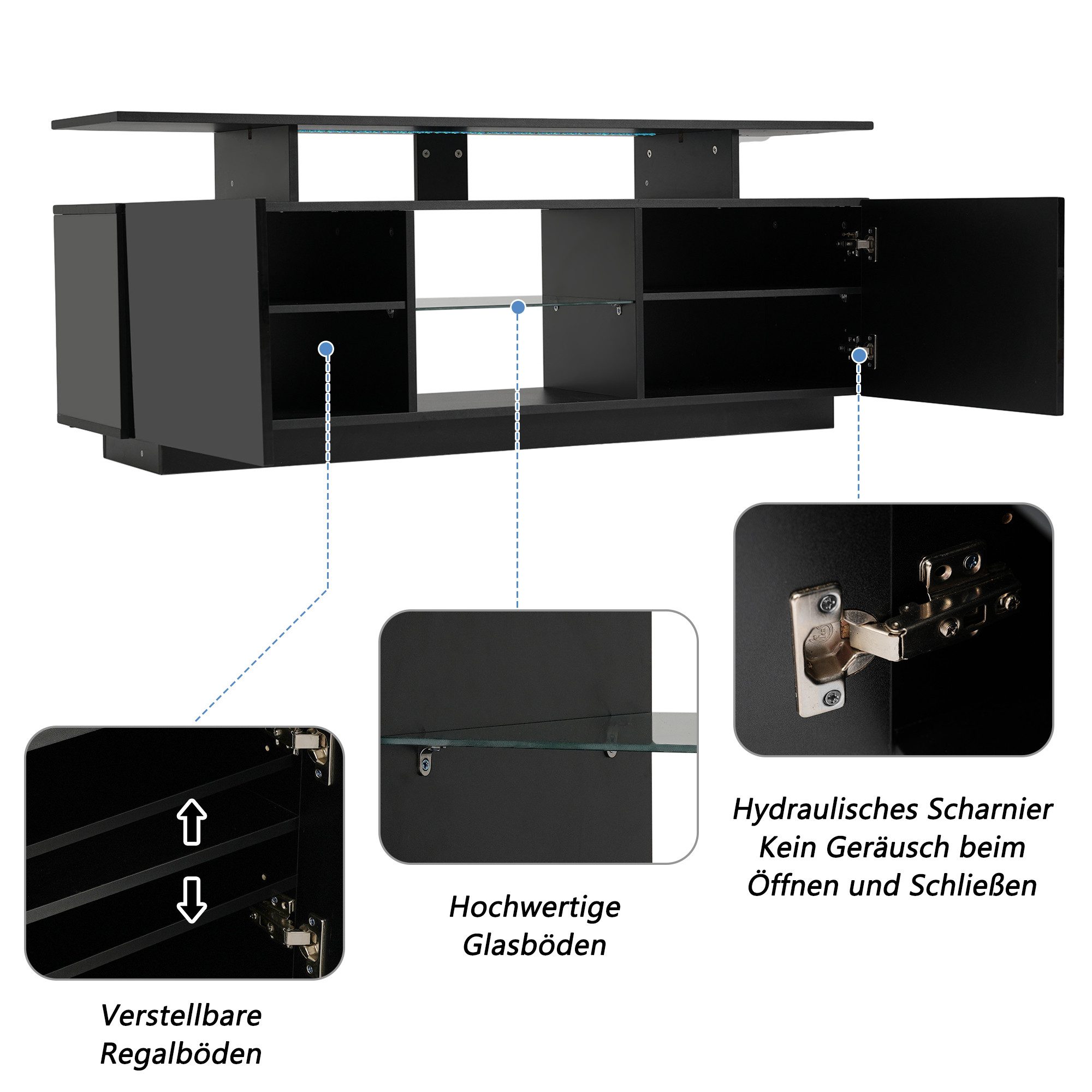 Merax TV-Schrank mit Hochglanzfront,Lowboard mit LED,Fernsehtisch,TV-Ständer,B:140cm
