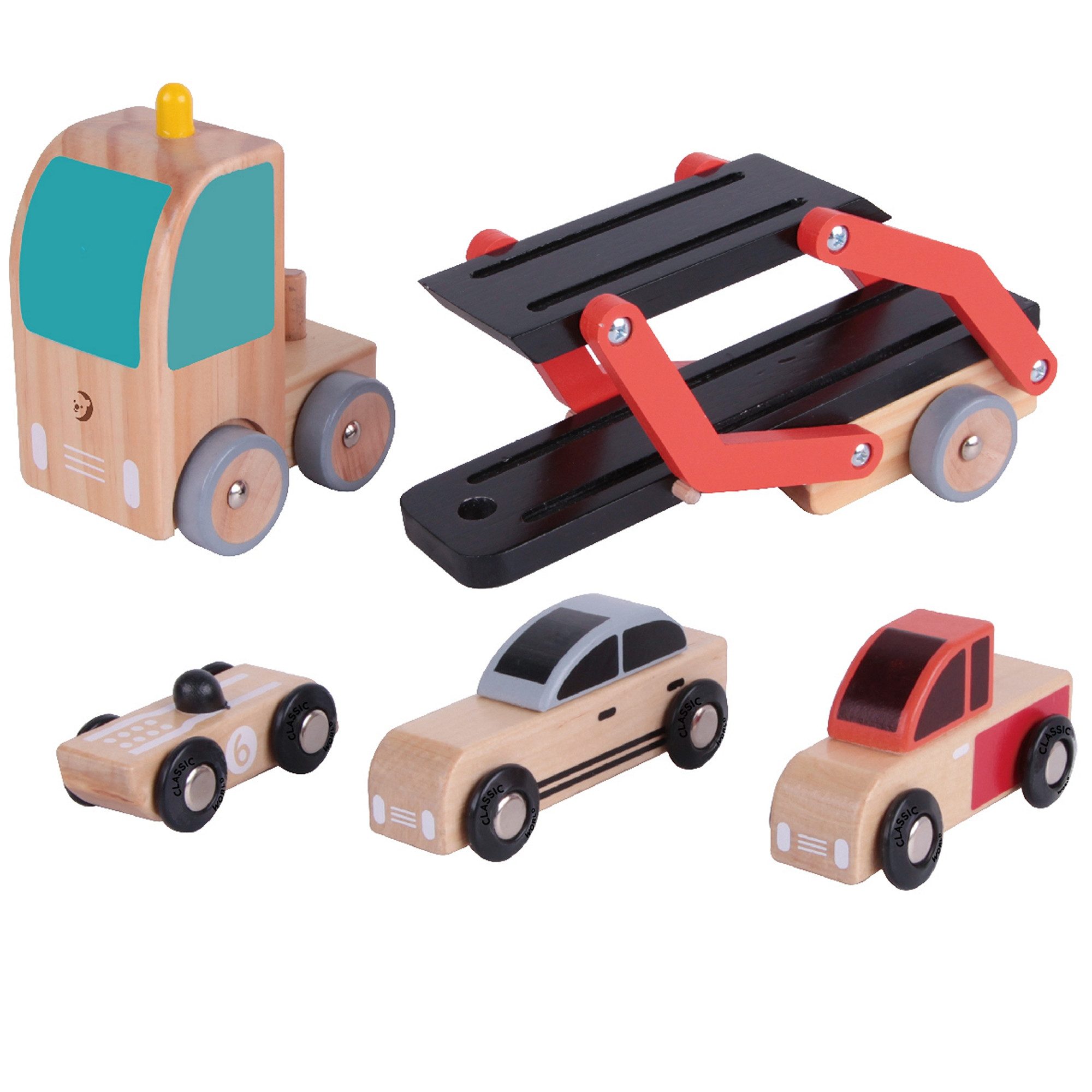 Classic World Spielzeug-Transporter Classic World - Autotransporter rot - 26,5x7x15cm - ab 18 Monaten, (Set aus einem Autotransporter und drei Autos, 5-tlg)