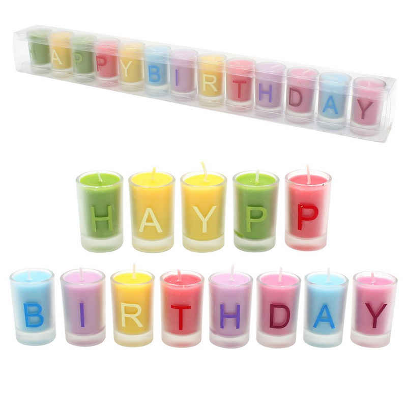 Dekohelden24 Geburtstagskerze Kerzen im Glas - Happy Birthday - 13 einzelne Kerzen im Glas, Größe (13 Stück, 13-tlg), Geburtstag