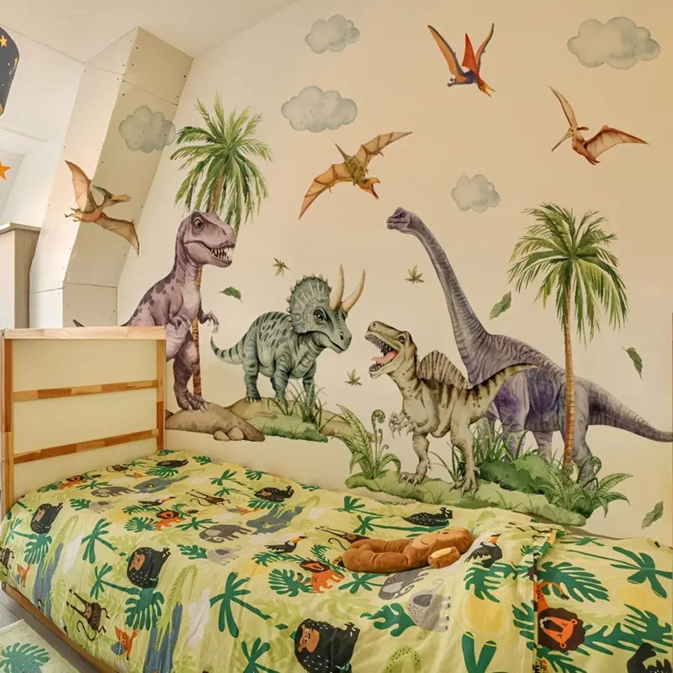 Montegoni Aufkleber 2er Set Dinosaurier Wandsticker selbstklebend für Kinderzimmer, (Kein Set (Single Item), Selbstklebend, wiederverwendbar, buntes Dino-2er-Set