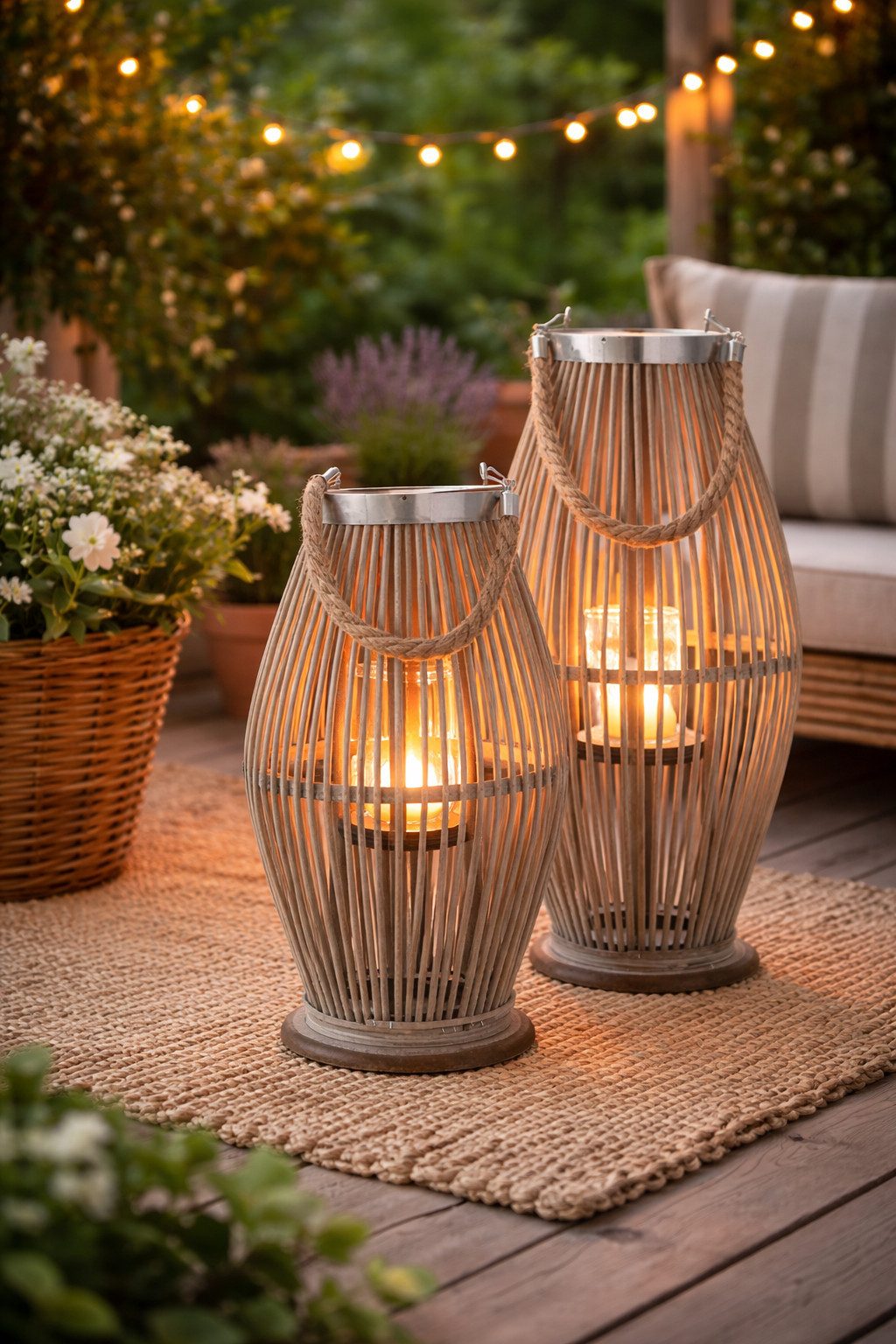 finehomegarden Kerzenlaterne Laterne mit Glas Bambus natur/grau Landhaus Kerzenlaterne Garten (1 St), H40,5cm + H50cm Gartenlaterne 2Größen wählbar