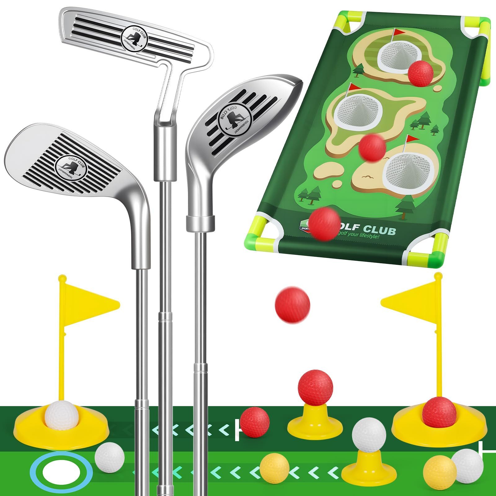 CLTYQ Minigolfschläger Minigolfschläger Kinder-Golfschlägerset (mit Puttingmatte), Gartenspiele für drinnen und draußen Geeignet für Kinder ab 3 Jahren