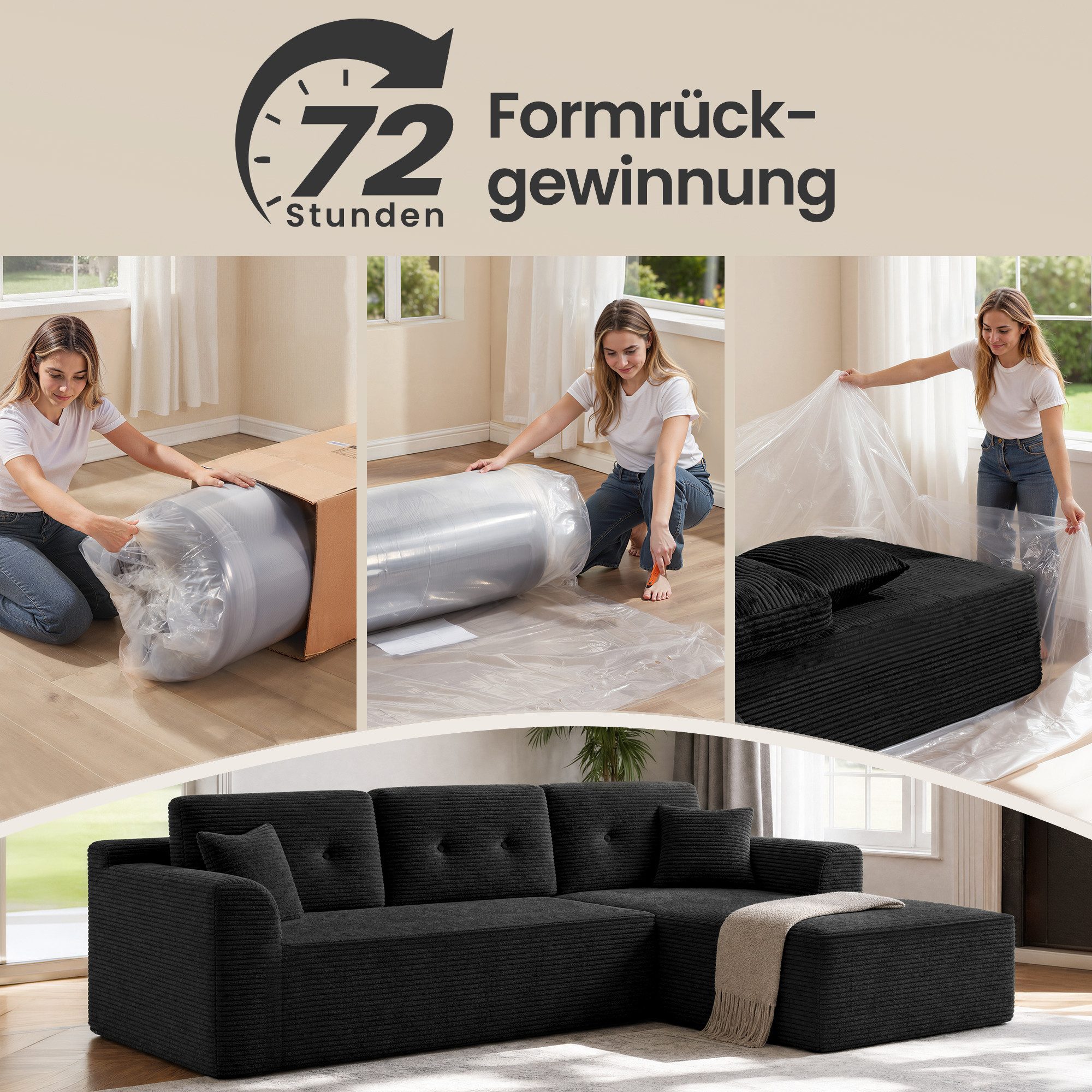 VASAGLE Ecksofa modulares Sofa 244 cm breit vakuumverpackt, Schlafsofa, keine Montage erforderlich, mit großer Chaiselongue