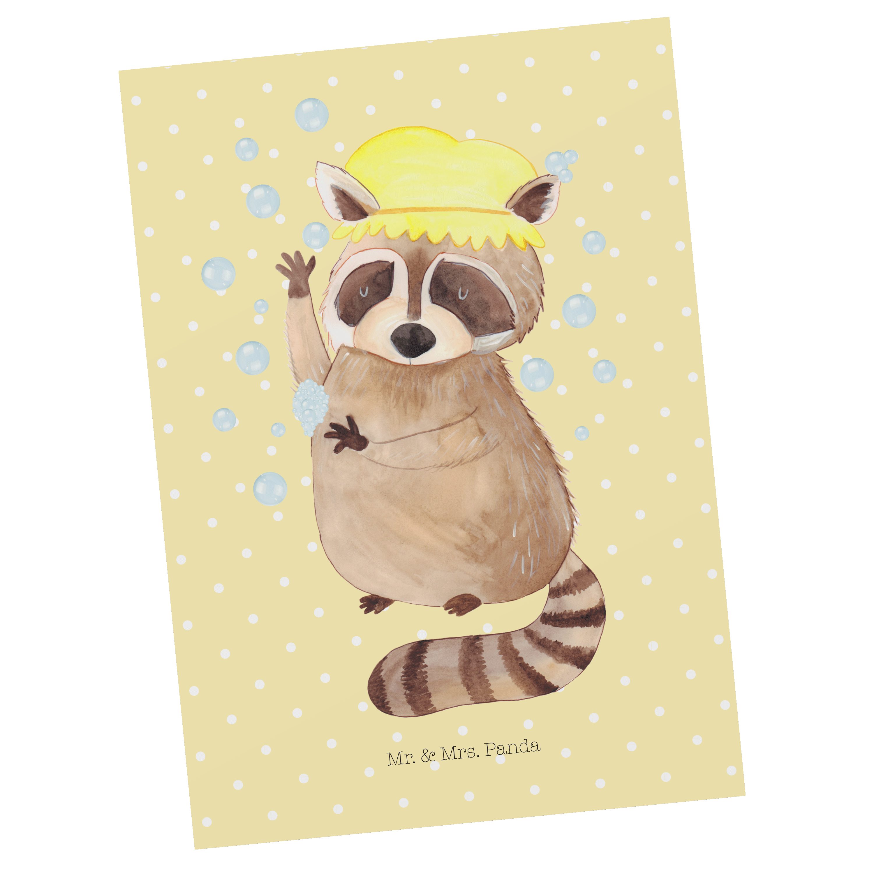 Mr. & Mrs. Panda Postkarte Waschbär - Gelb Pastell - Geschenk, Geburtstagskarte, Fröhlich, Tierm