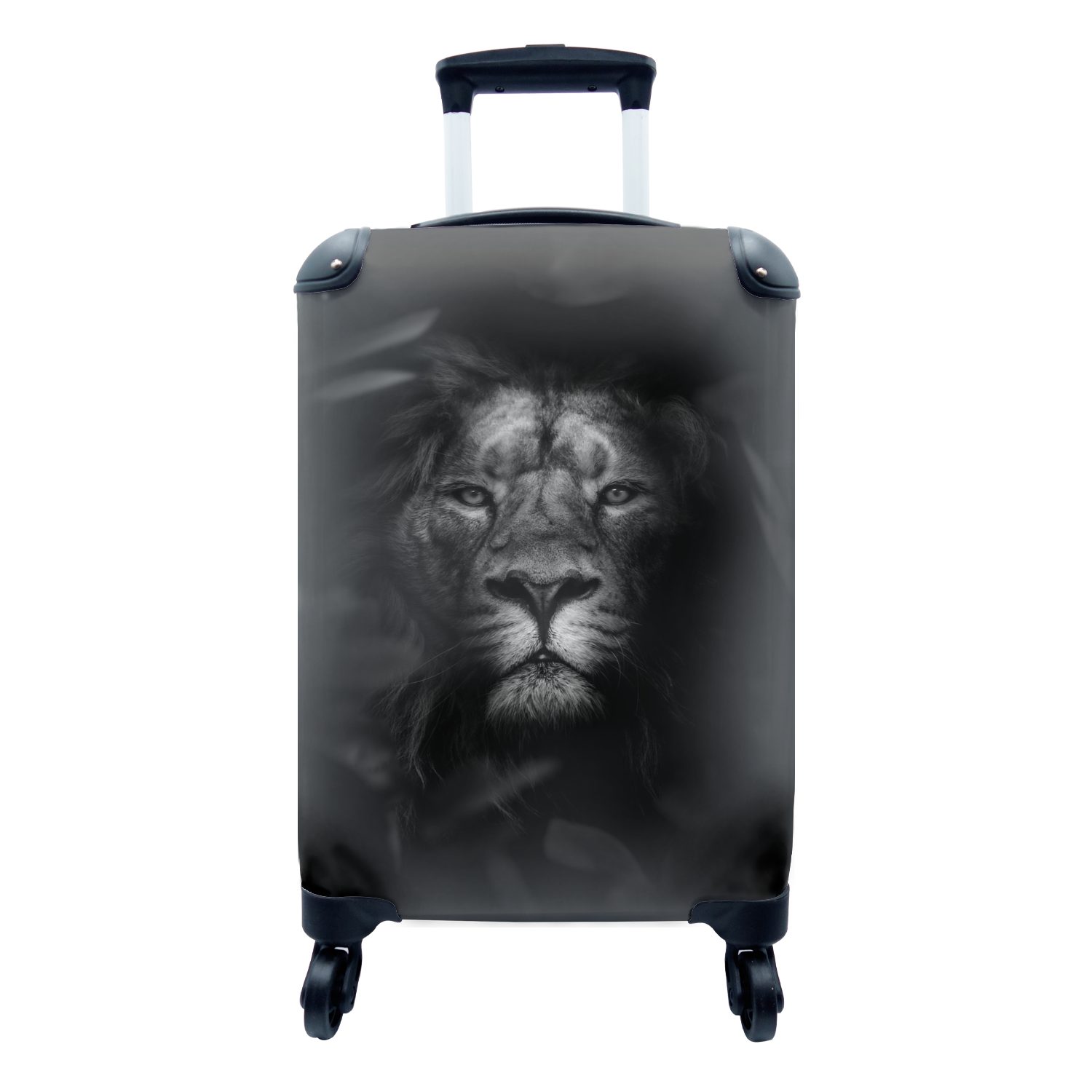 MuchoWow Handgepäckkoffer Porträt eines Löwen mit Blättern im Dschungel - schwarz und weiß, 4 Rollen, Reisetasche mit rollen, Handgepäck für Ferien, Trolley, Reisekoffer