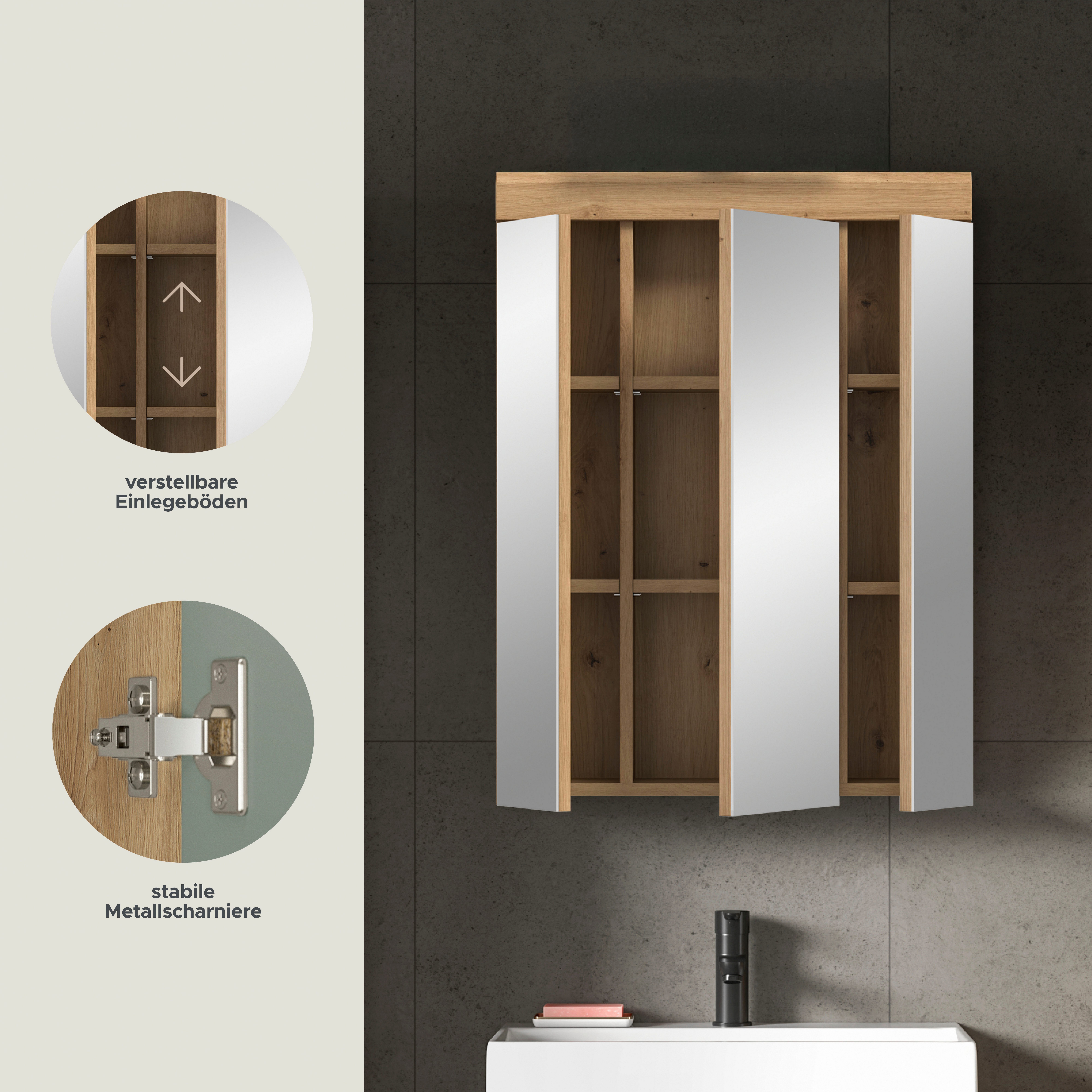 welltime Spiegelschrank SIENA, Breite 60cm, 3 Spiegeltüren, 9 Fächer, 6 Einlegeböden (TOPSELLER) in verschiedenen Farben erhältlich, Badmöbel, Badschrank, Schrank, Bad