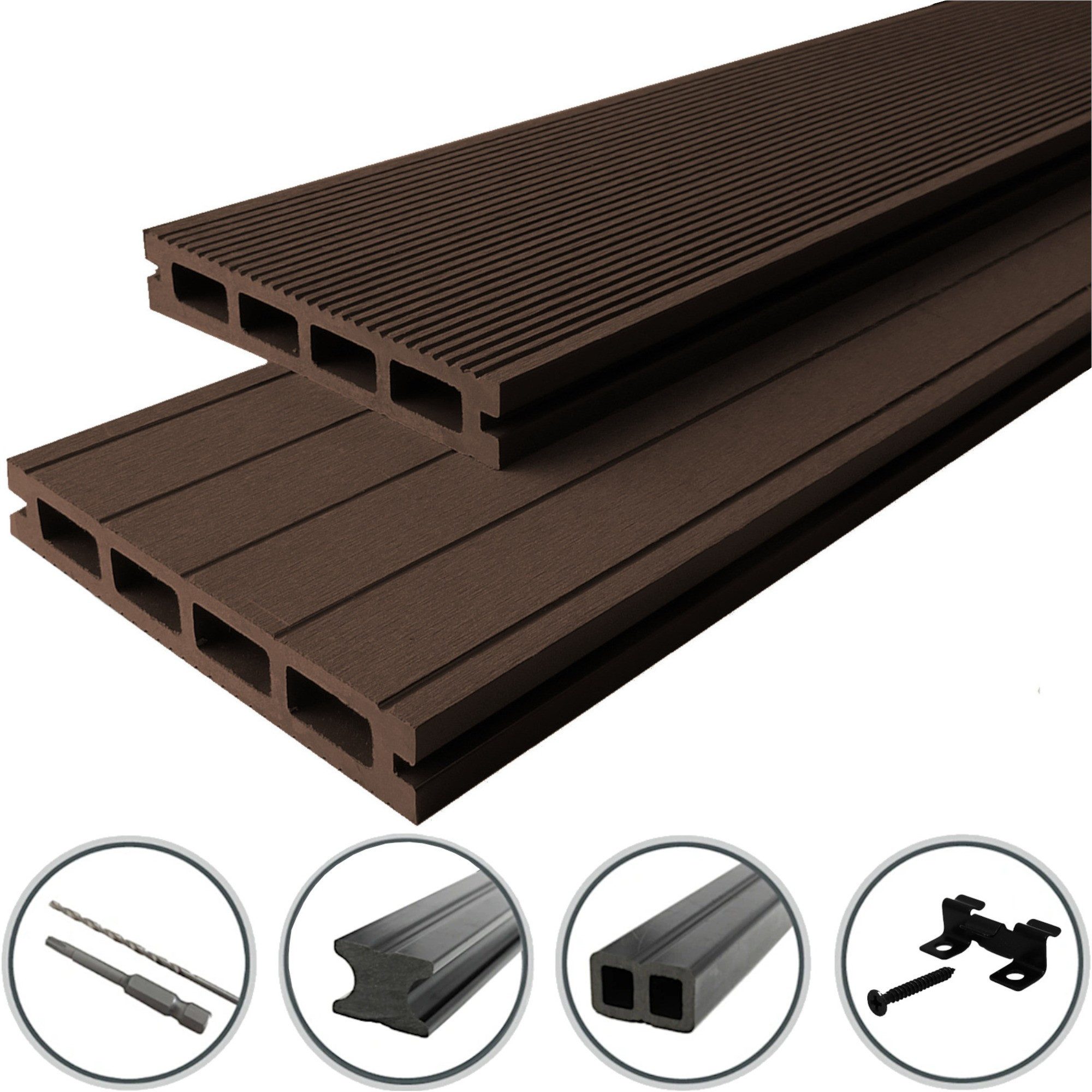 WPC Profi Terrassendielen Terrassen Diele 25mm chocolate braun, (Komplettset, mit Unterkonstruktion, Clips und Schrauben)