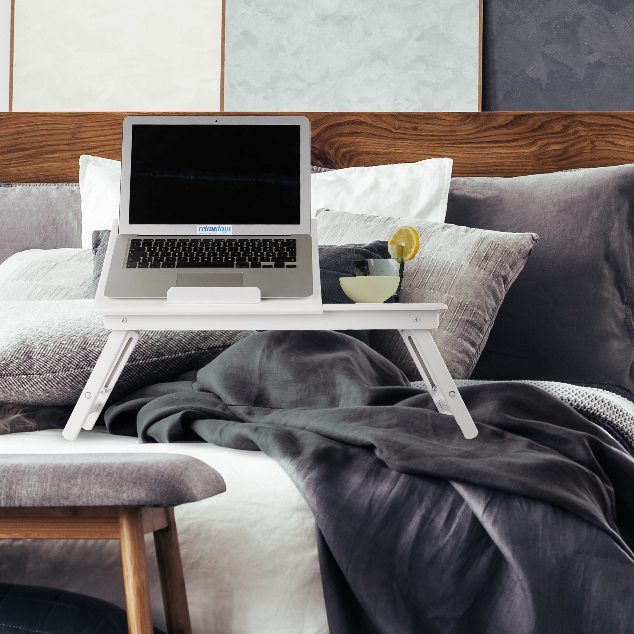 relaxdays Laptop Tablett Bambus Laptoptisch weiß, Bambus