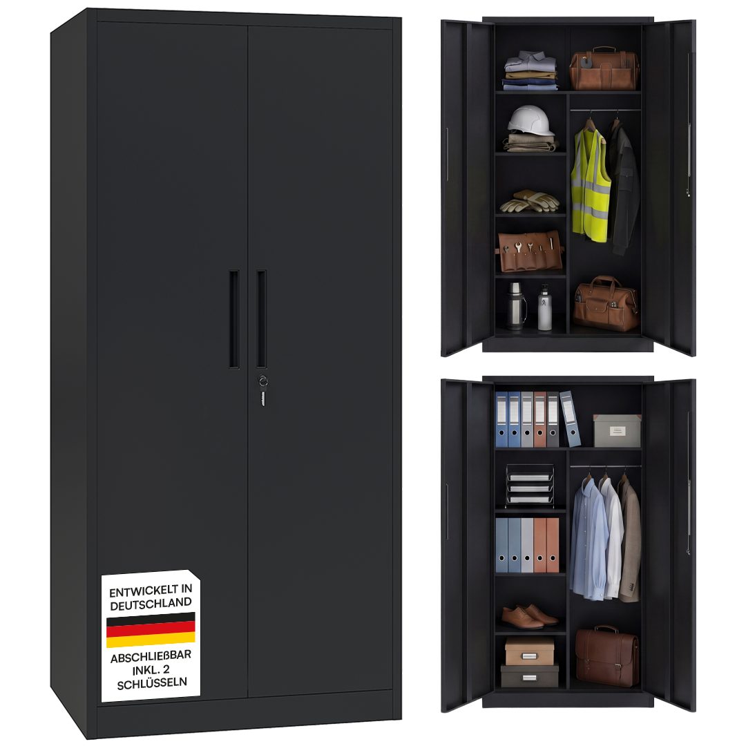 STEELSØN Garderobenschrank Regulus abschließbar inkl. 2 Schlüsseln, 175x40x80 cm (Schwarz, 1-St) Spindschrank aus Stahl mit 6 Fächern & 1 Kleiderstange