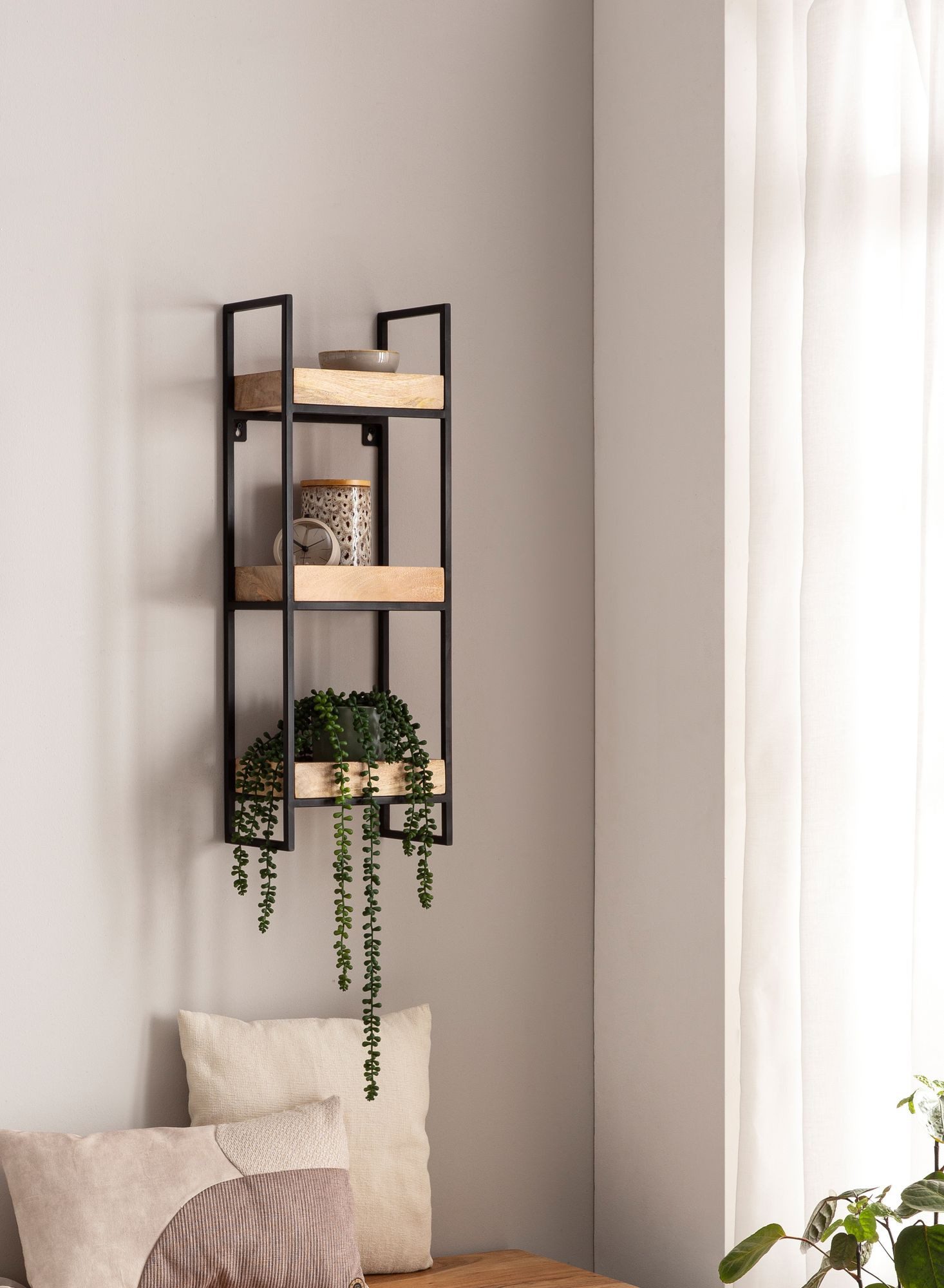 FINEBUY Wandregal FB95559 Hängeregal 27x77x18 cm Massivholz Metall Regal Industrial, 27x77x18 cm Mango Massivholz Metall Hängeregal, Schweberegal Rechteckig, Regal Hängend Industrial