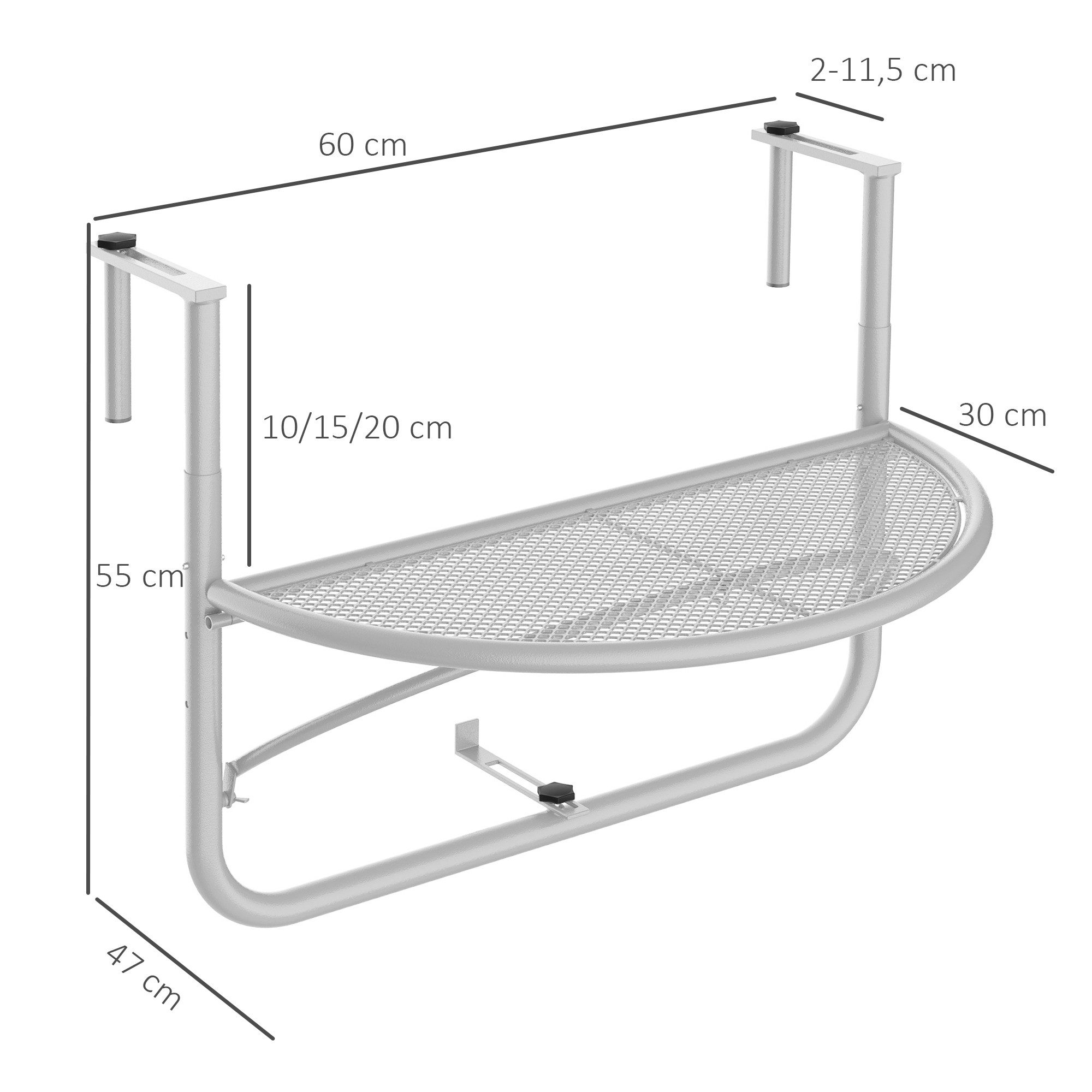 Outsunny Balkonhängetisch höhenverstellbar halbrund Terrasse (Gartentisch, 1-St., Gartenbalkonmöbel), Weiß 60 x 47 x 50 cm