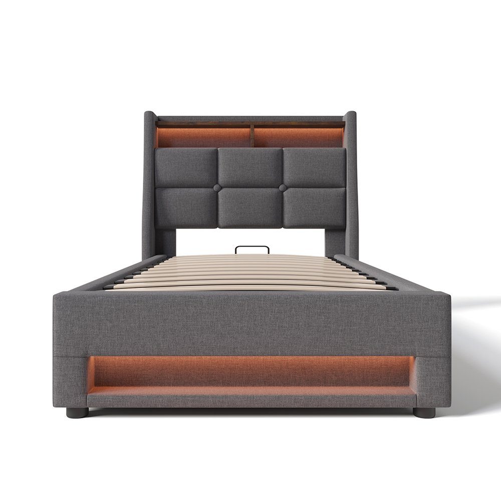 Polsterbett (Funktionsbett, 90x200 cm Hydraulisches Bett mit Lattenrost), Stauraumbett mit LED-Beleuchtung und USB-Anschluss, Baumwolle-Leinen