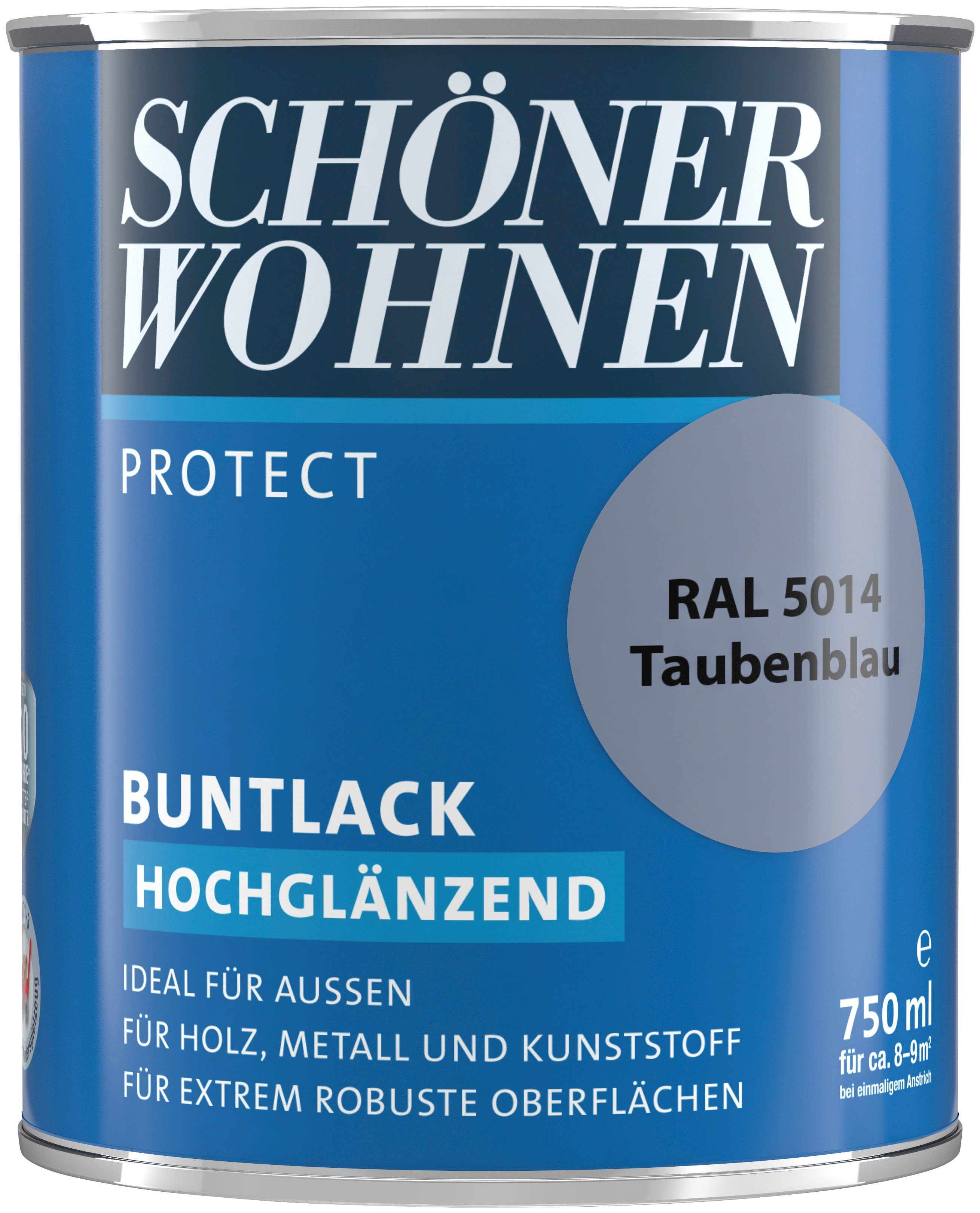 SCHÖNER WOHNEN FARBE Lack Protect Buntlack, 750 ml, taubenblau RAL 5014, hochglänzend, ideal für außen
