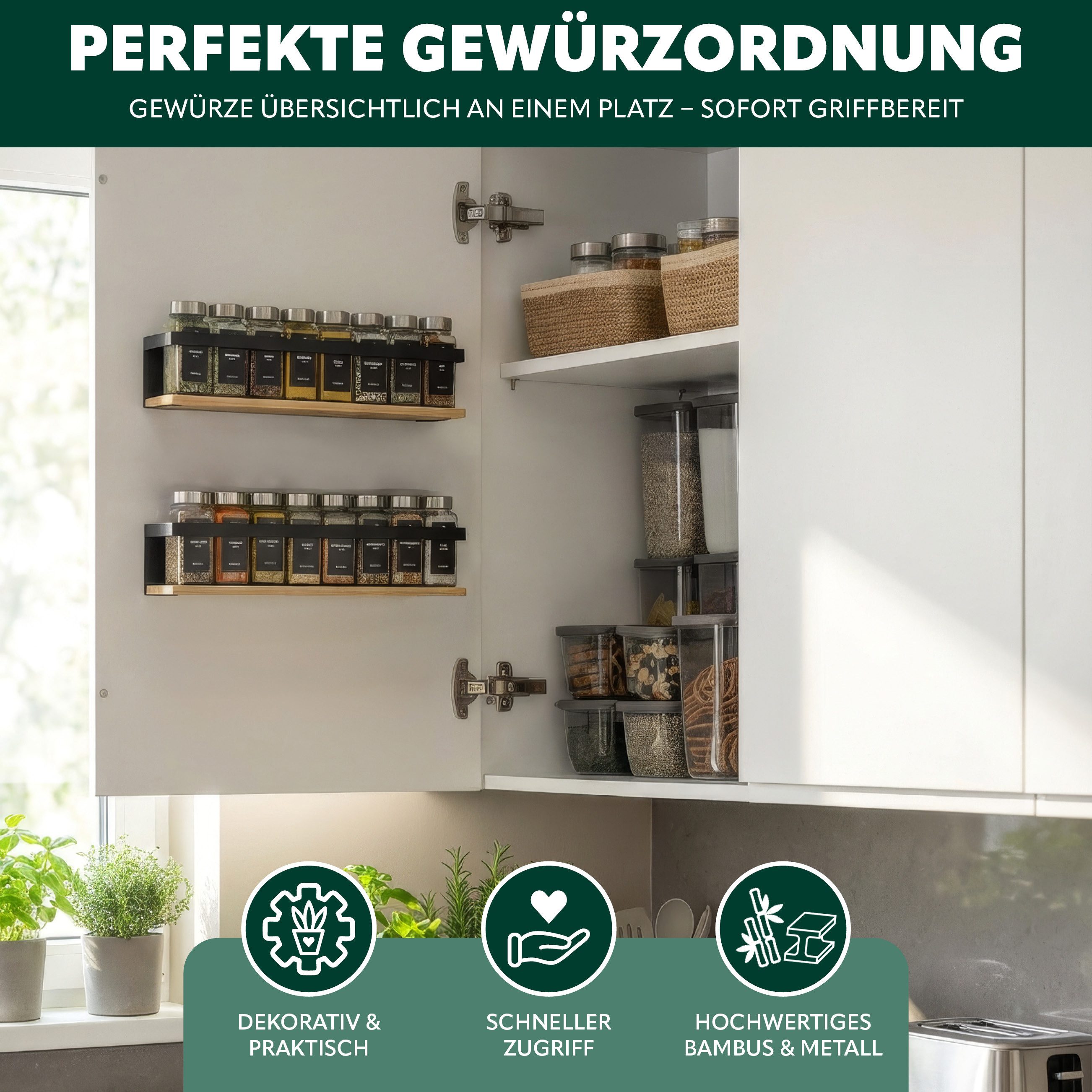 eluno Gewürzregal Gewürzregale 2er Set mit Bambusboden, 2-tlg. – Bild 3 von 5