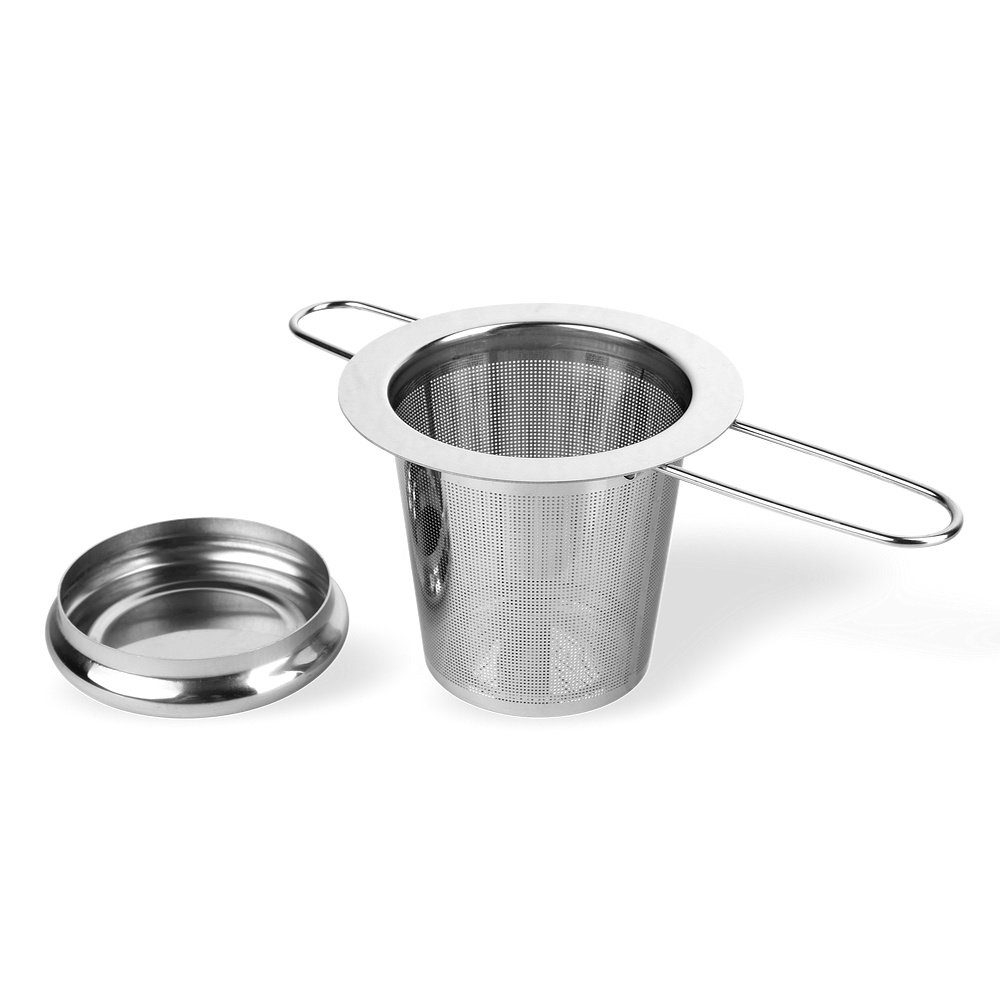Schramm Teesieb Schramm® Edelstahl Teesieb mit Deckel Abtropfschale Teefilter ideal für losen Tee passend für Tasse und Kanne mit langem Griff faltbar