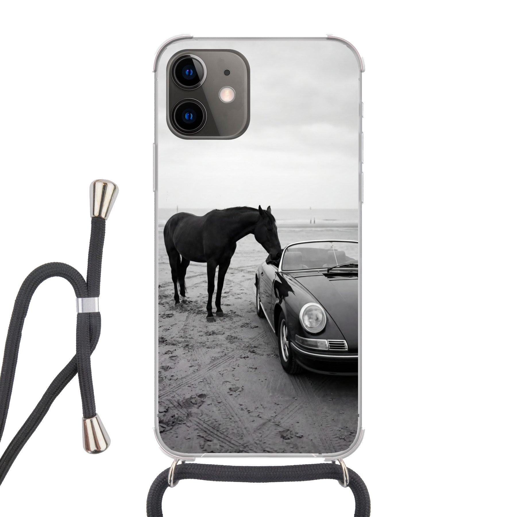MuchoWow Handyhülle für Apple iPhone 12 Mini Pferd - Auto - Schwarz - Weiß, Tragbare Handyhüllen mit Kette zum umhängen, Handykette Handyband