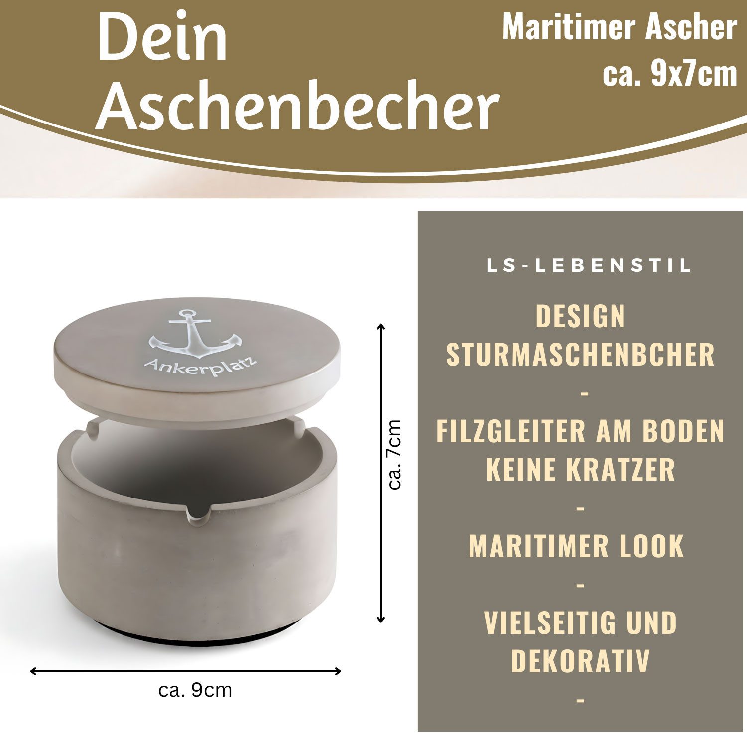 LS-LebenStil Aschenbecher Beton Sturmaschenbecher Motiv Ankerplatz 9x7cm Maritim Grau mit Deckel, Windaschenbecher Ashtray Tischaschenbecher Garten Balkon Deko