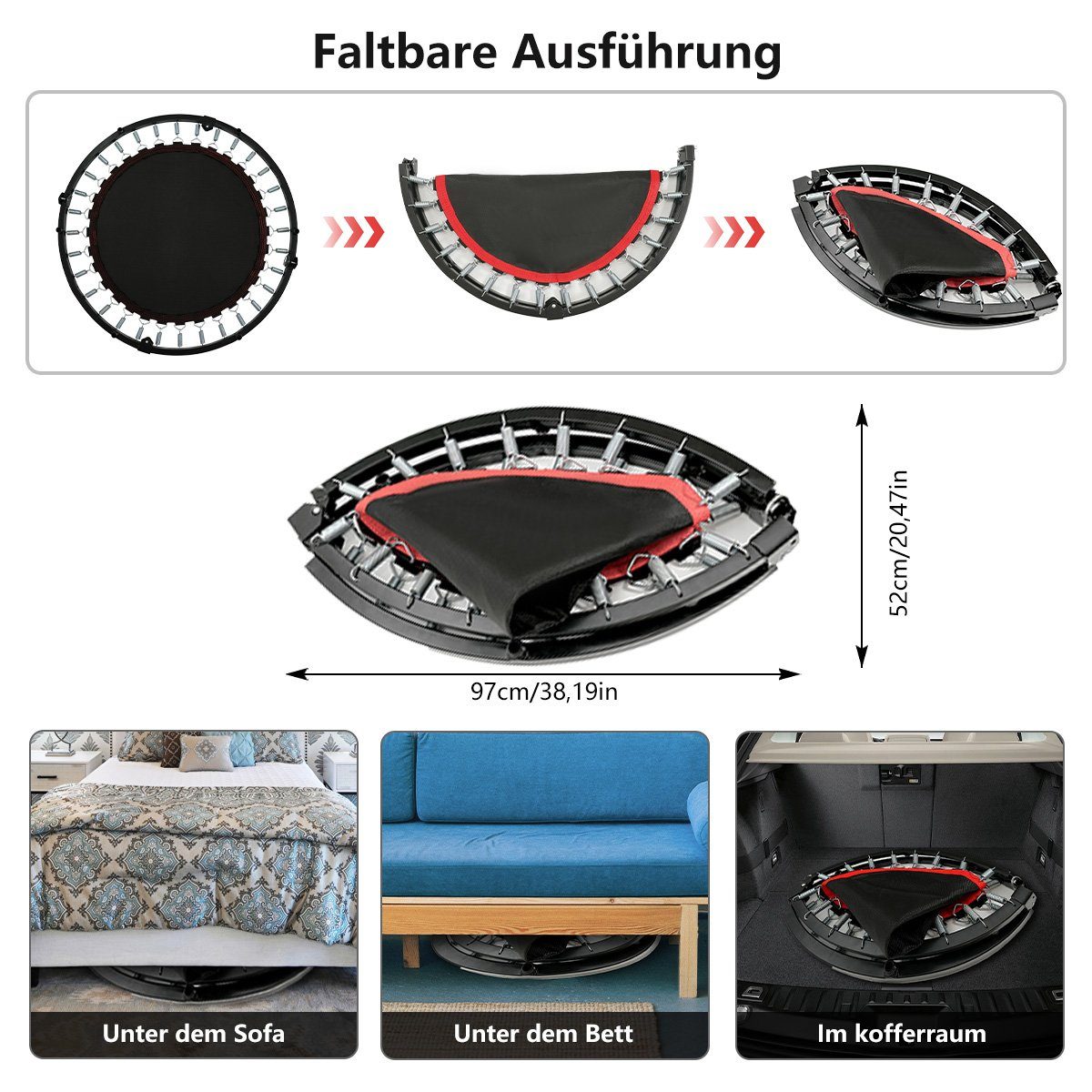 MULISOFT Fitnesstrampolin und cm, Erwachsene, Gartentrampolin Randabdeckung, Ø Indoor Ø120cm 97 Trampolin Metallfeder, Fitness Kinder mit Haltegriff Faltbar für mit