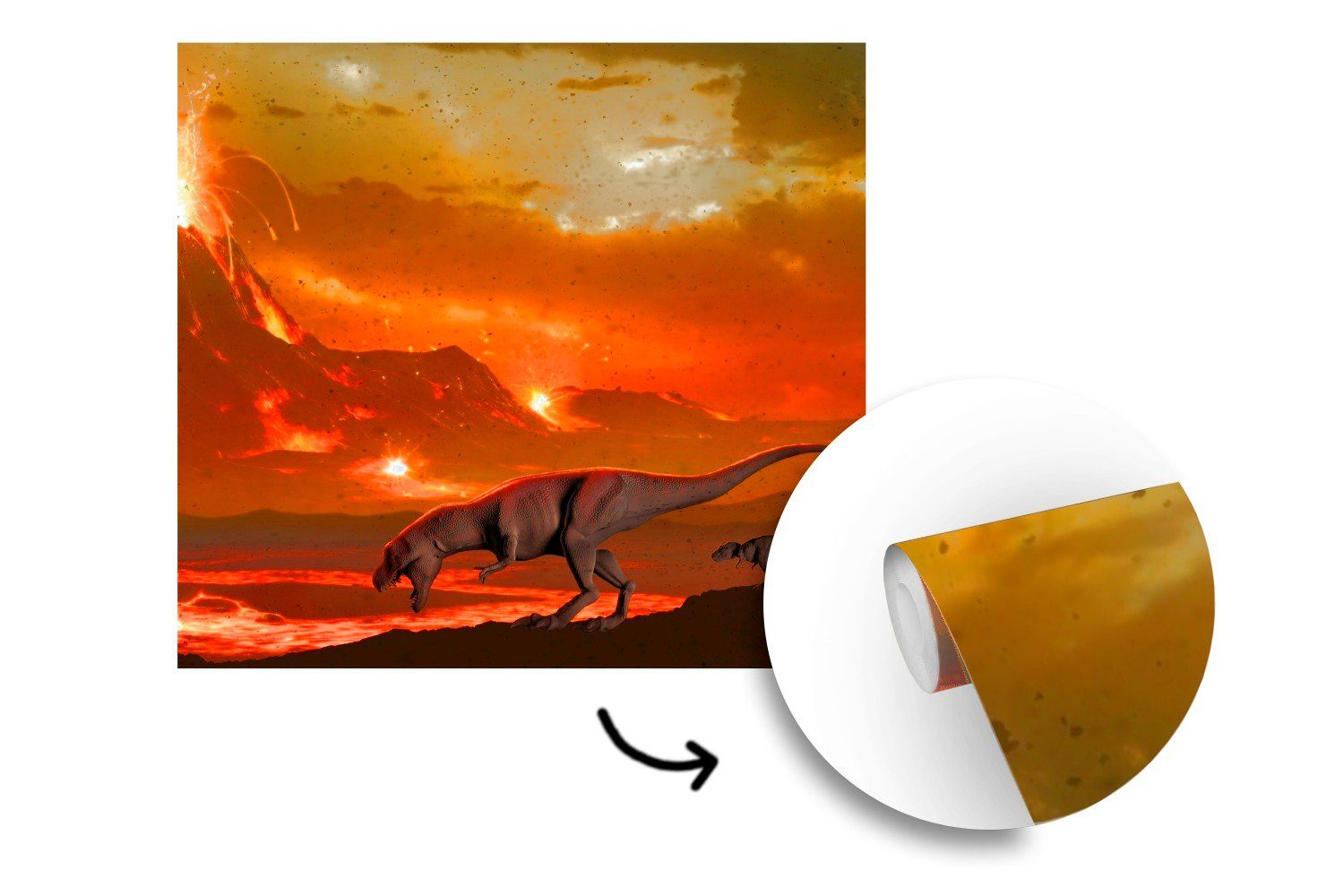 Schlafzimmer, Matt, Tapete Vulkan Vinyl Illustration bedruckt, Jungen - - - Fototapete Wohnzimmer (5 St), Wandtapete MuchoWow Lava Kinder, Dino - - für oder