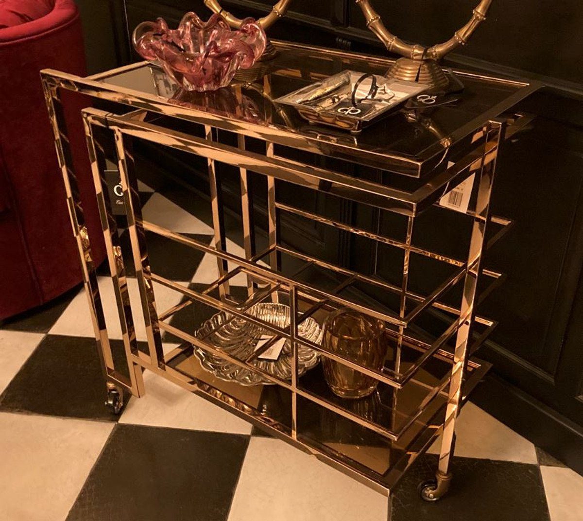 Casa Padrino Bartisch Art Deco Bar Trolley Servierwagen Gold / Smoked Glass 77 x 42 x H. 77,5 cm - Hotel & Restaurant Мебель