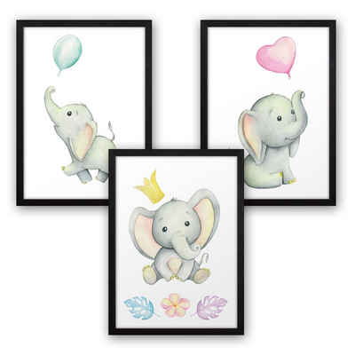 Kreative Feder Poster, Elefanten, Kinderzimmer, Zeichnung, Luftballons (Set, 3 St), 3-teiliges Poster-Set, Kunstdruck, Wandbild, optional mit Rahmen, wahlw. in DIN A4 / A3, 3-WP029