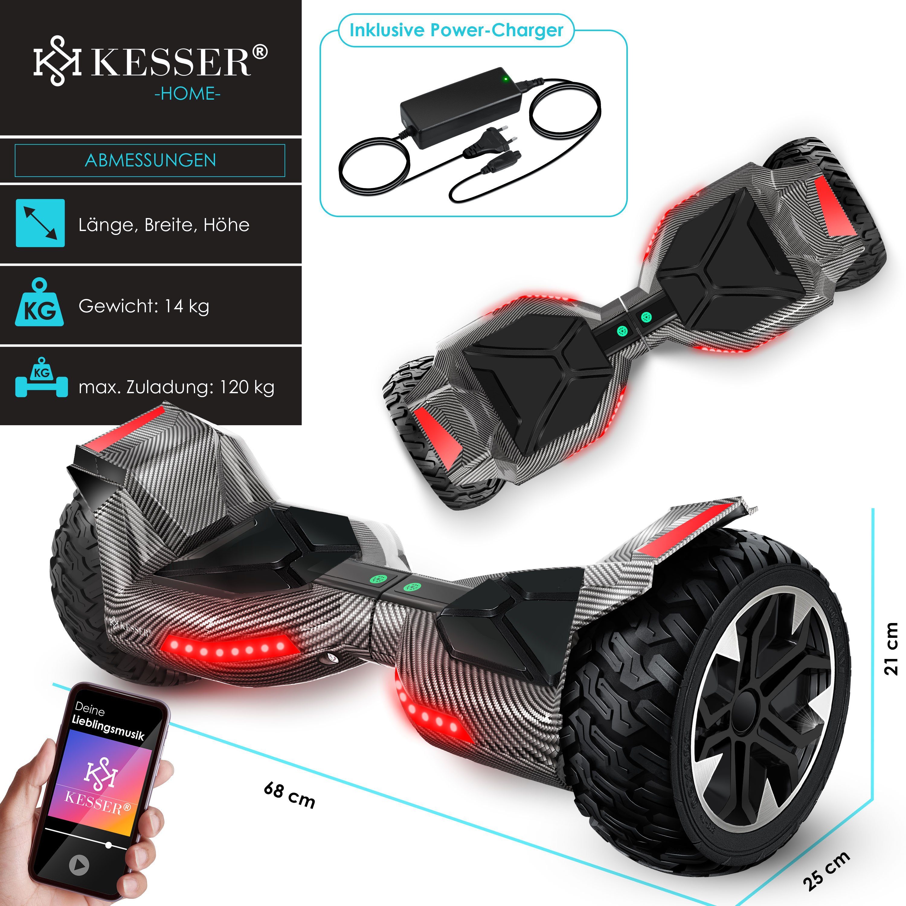 Carbon KESSER LED Shiny mit 800 Lautsprecher, Zoll Bluetooth Licht 8,5 Balancetrainer, Hoverboard