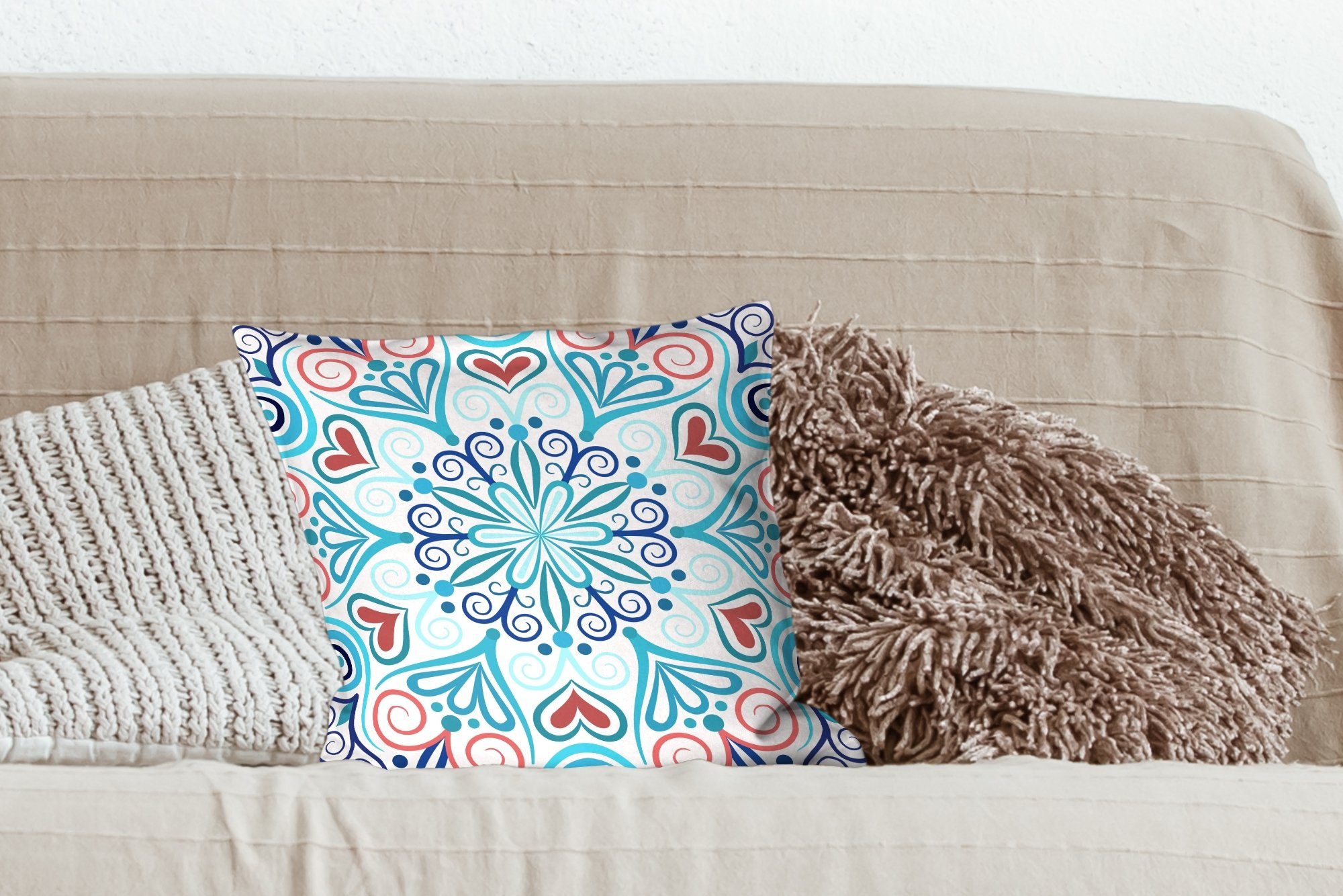 mit Sofakissen - Schlafzimmer, Abstrakt MuchoWow Wohzimmer, - Dekokissen Füllung - Blau Zierkissen Deko, - Bohème Mandala Flora, für