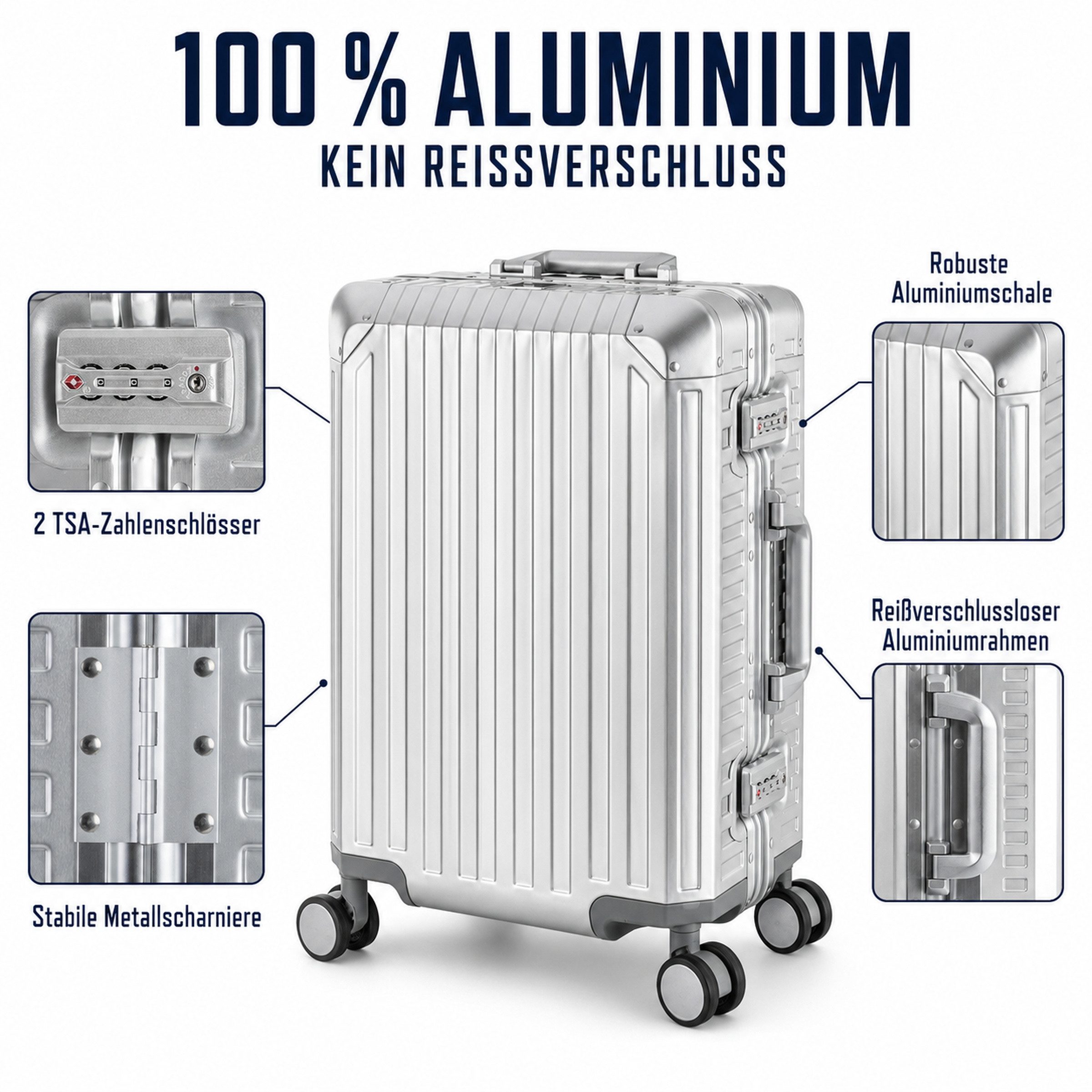Travelhouse Kofferset 100% Aluminium TOKYO - verschiedene Farben, 4 Rollen, (4 tlg., S+M+L+XL), mit stabilem Aluminium-Gehäuse und verstärkten Ecken
