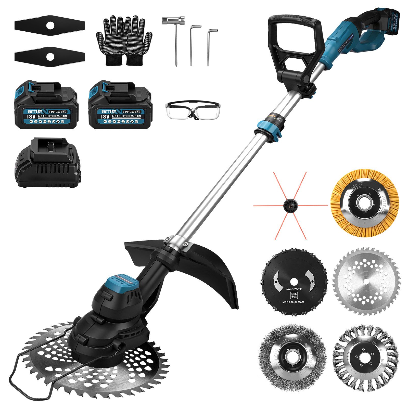 XIIW Akku-Rasentrimmer 7-IN-1 Akku Motorsense 980W Bürstenloser mit 2×4Ah Akku, Freischneider, (14800U/min mit 7 Klingentypen Ø300 mm, Teleskop 96–136 cm Einstellbar), Unkrautbürste für Höfe, Gärten und Kleinen