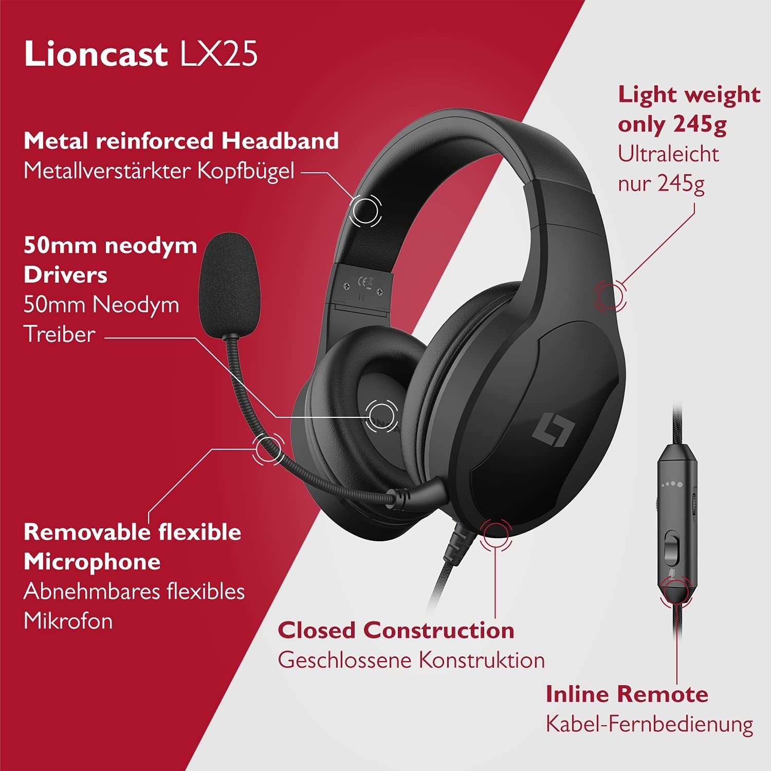 Lioncast LX25 Gaming-Headset (Geschlossener Kabel) Mikrofon mit Ohr, Gaming AUX dem abnehmbares Headset über Stereo Kopfhörer Stereo-Sound