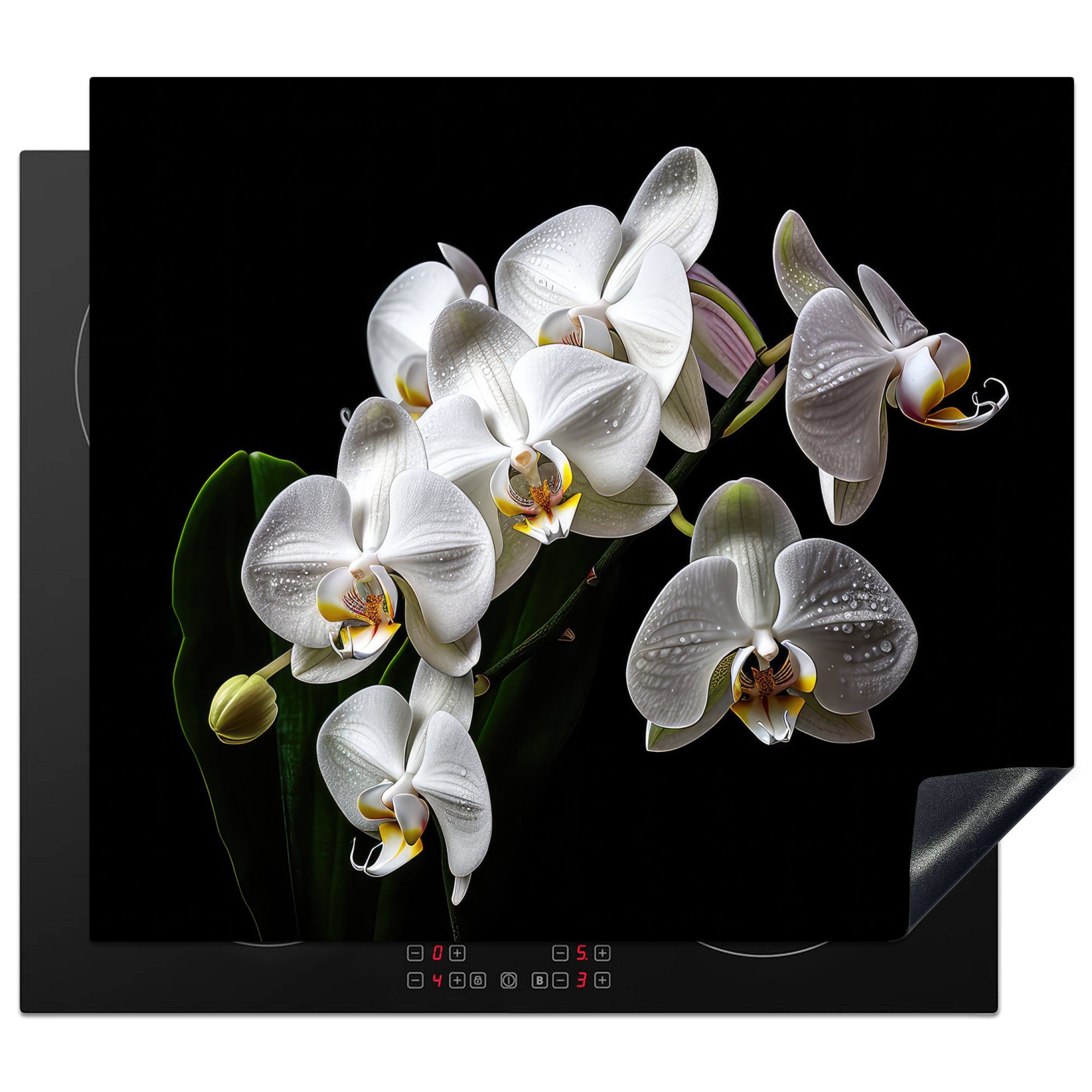 MuchoWow Herdblende-/Abdeckplatte Orchidee - Blumen - Weiß - Natur - Schwarz, Vinyl, (1 tlg), 60x52 cm, Mobile Arbeitsfläche nutzbar, Ceranfeldabdeckung