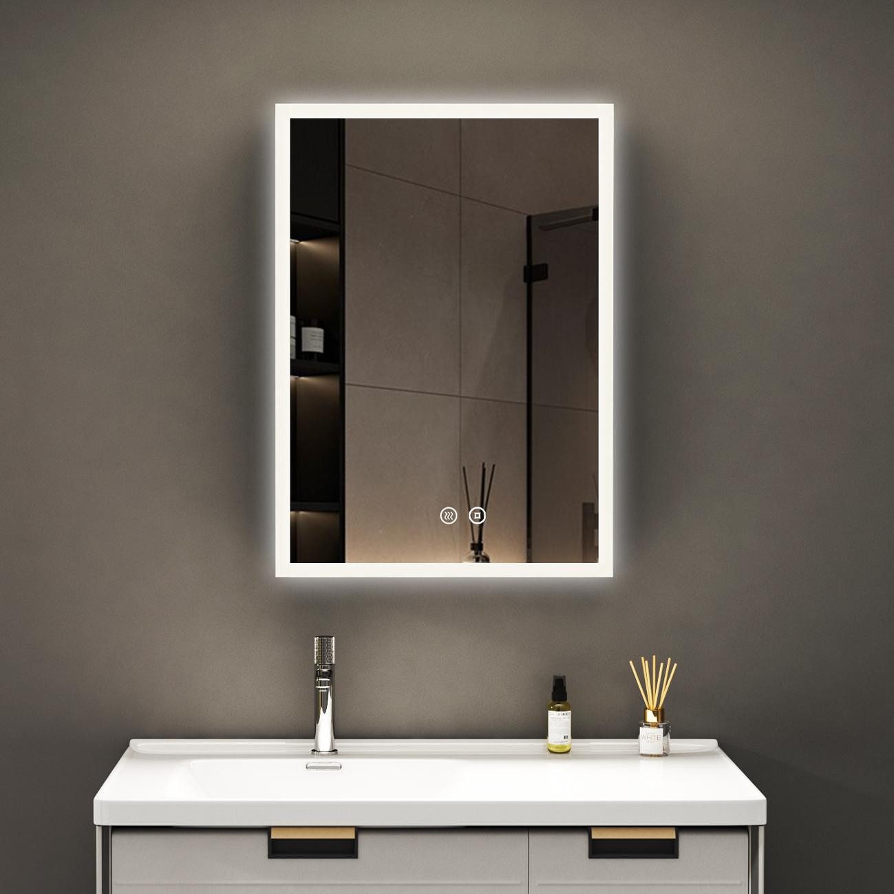 WDWRITTI Spiegelschrank Schwarz mit beleuchtung Hängeschrank 3Lichtfarben Dimmbar Anti-fog (Badezimmerspiegelschrank mit LED, Speicherfunktion, 1 türen 50x70cm, 40x60cm, Doppelseitiger Spiegel, Alu-Schranktür) Full Surround Light Strip, mit Netzadapter