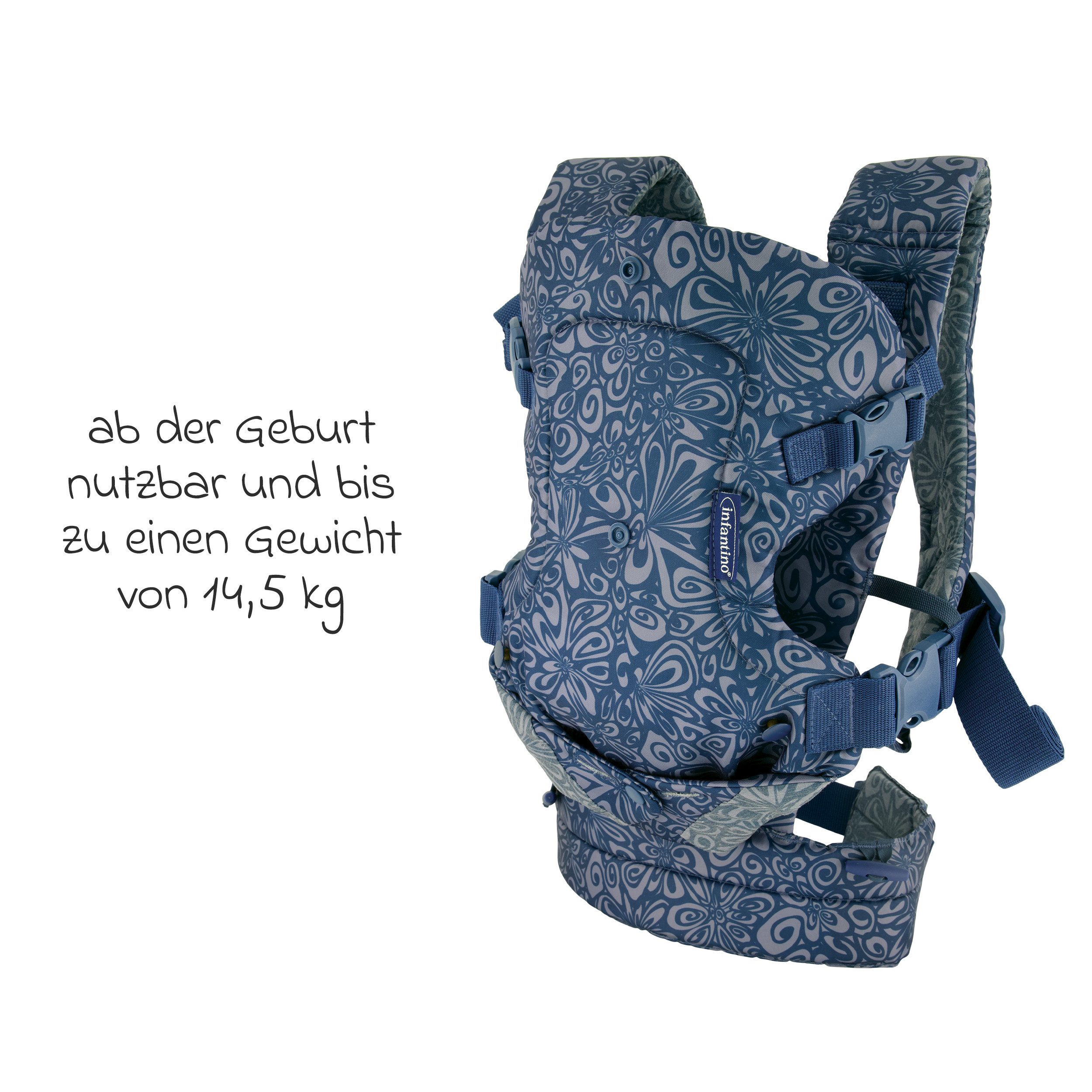 Infantino BKids Babytrage Flip Advanced - Navy Floral, Baby Bauchtrage Rückentrage ab Geburt von 3,6-14,5 kg mit Regenschutz