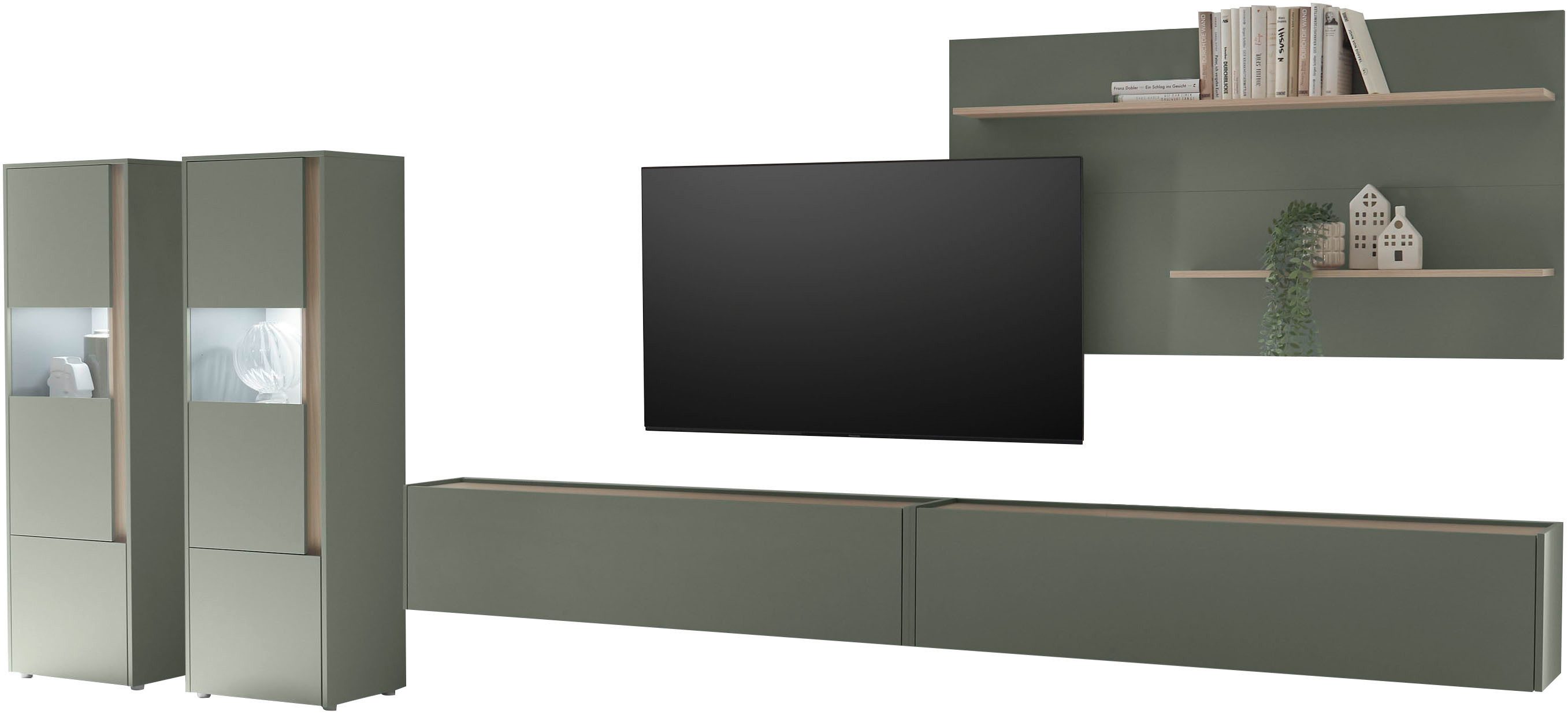 Home affaire Wohnwand City/Giron, moderne Anbauwand, Komplettset in vielen Farben verfügbar, (Set, 5-St), enthält zwei Vitrinen, zwei Hängeschränke & ein Wandboard