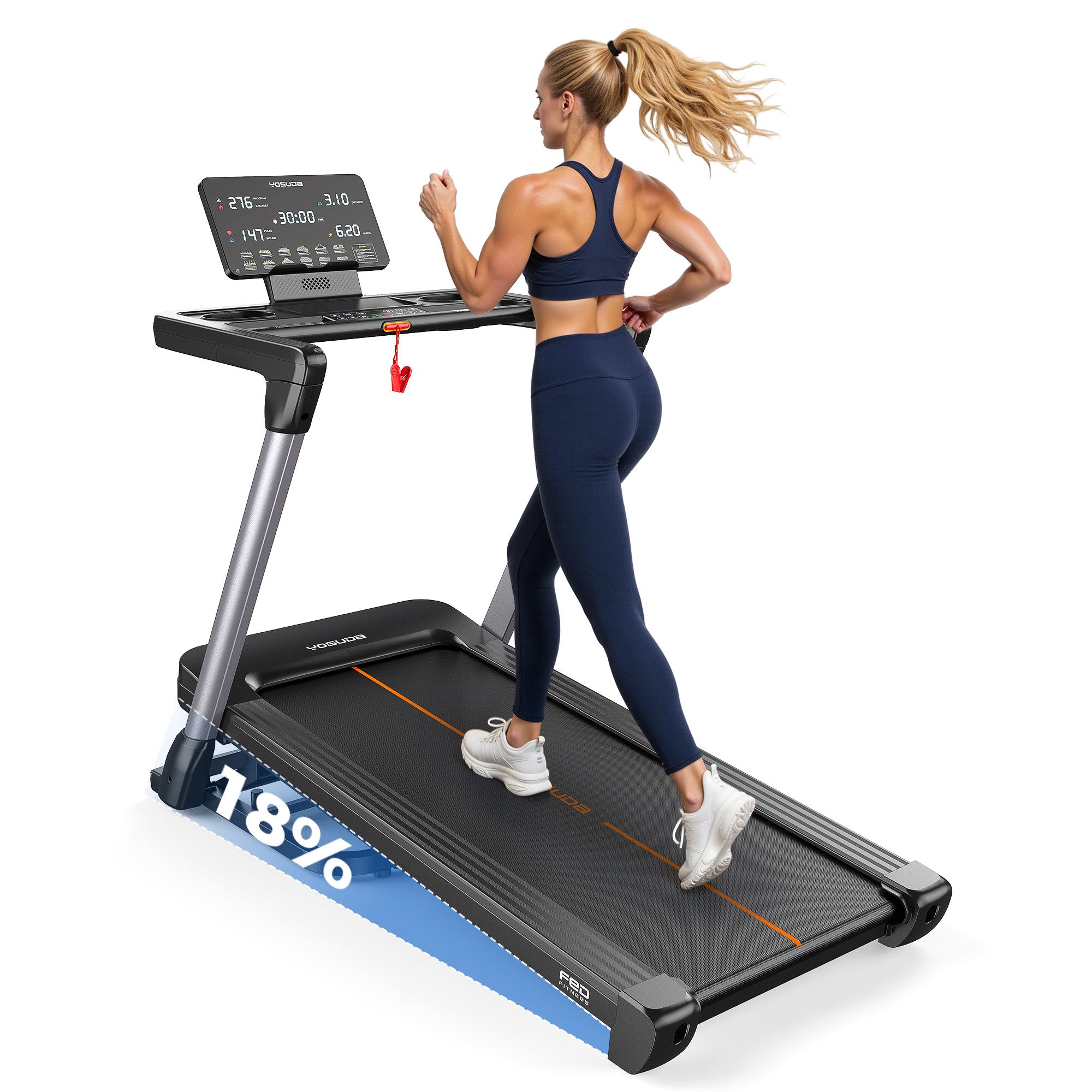 YOSUDA Laufband 1–14 km/h, 172 kg Tragfähigkeit, 14,8" LED-Display & Bluetooth (1-tlg), Klappbares Heimlaufband mit automatischer Steigung