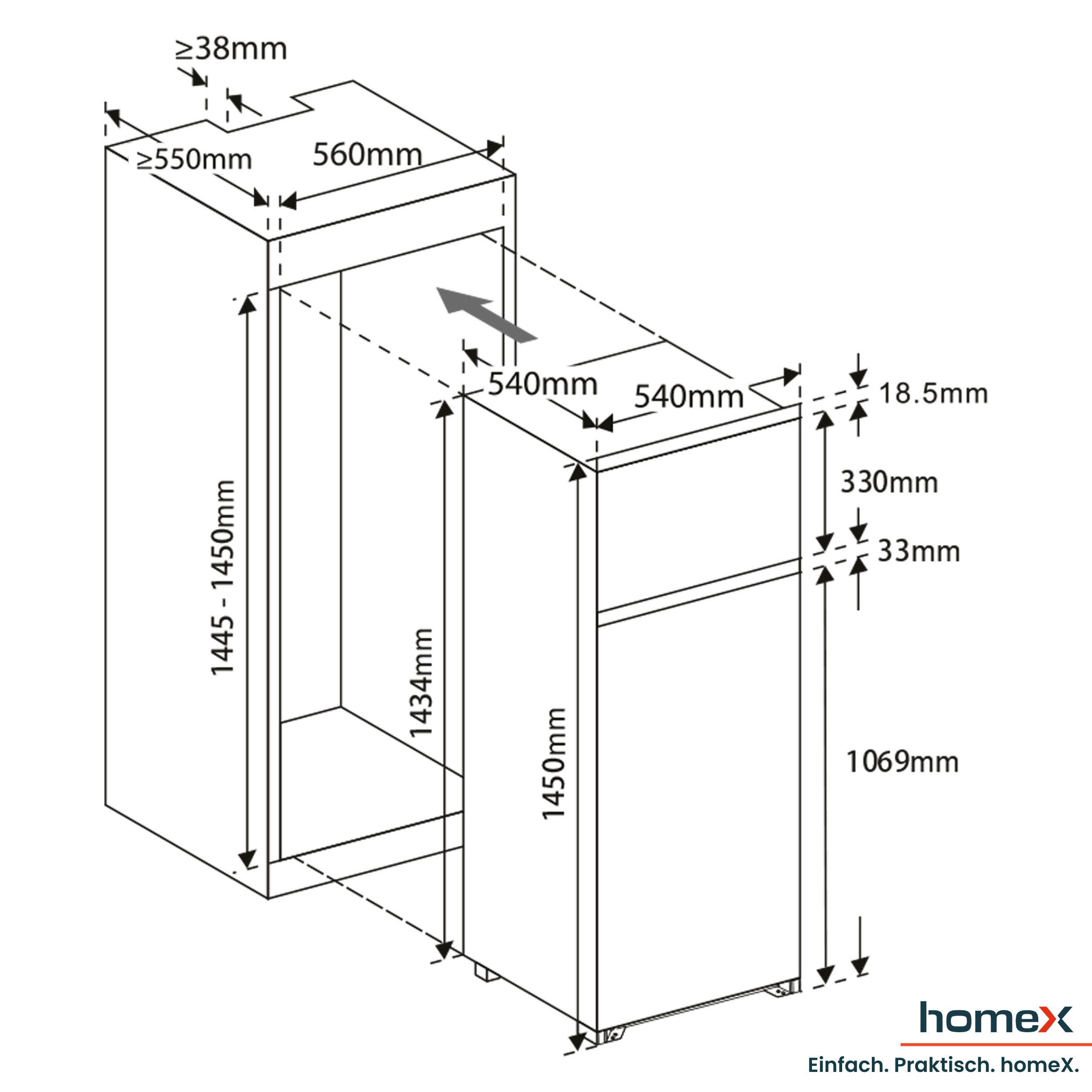 homeX Einbaukühlgefrierkombination CFB2051E, 145 cm hoch, 54 cm breit, 205 Liter, Einbaukühlschrank mit Gefrierfach, 145cm hoch, Schlepptür