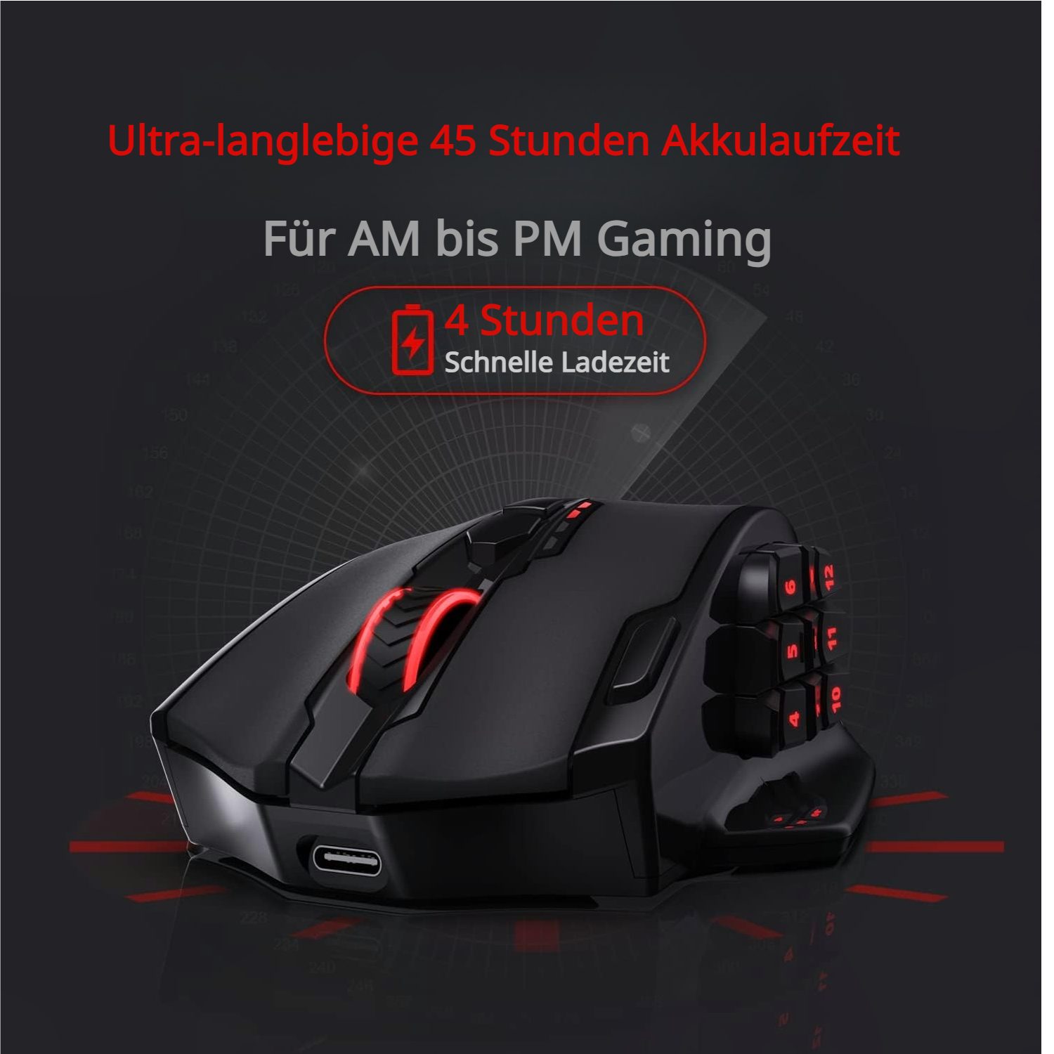 Redragon M913 Kabellos/Kabelgebunden, 16000 DPI, RGB & 2 Verbindungsmodi Gaming-Maus (2,4 GHz kabellos und USB-C kabelgebunden, 16 programmierbare Tasten für Es – Bild 4 von 5